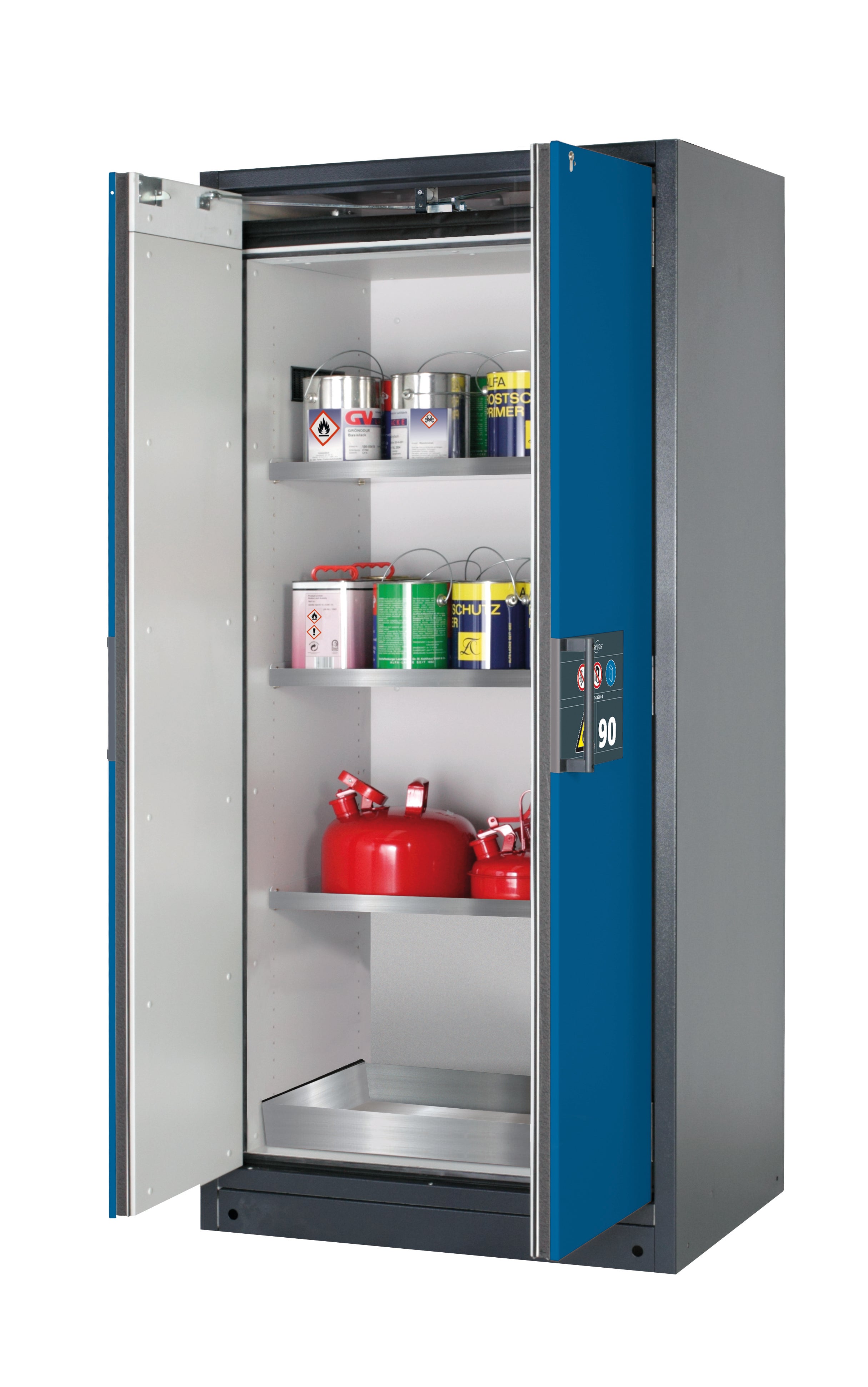 Typ 90 Sicherheitsschrank Q-PEGASUS-90 Modell Q90.195.090.WDAC in enzianblau RAL 5010 mit 3x Fachboden Standard (Edelstahl 1.4301)