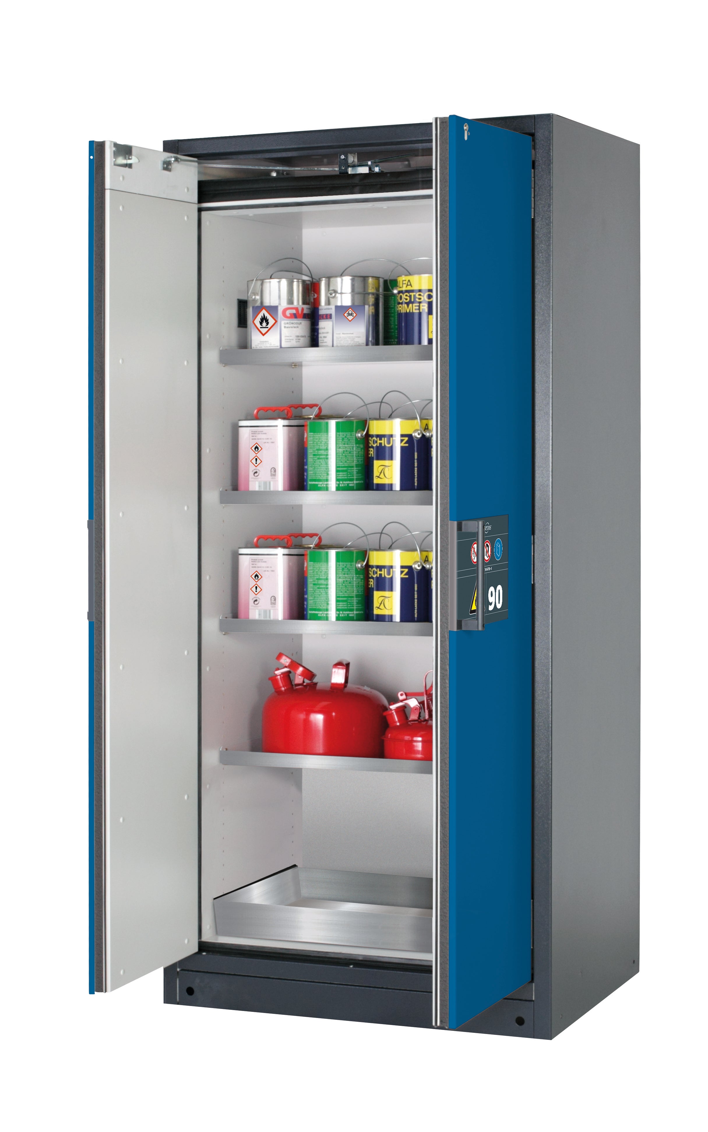 Typ 90 Sicherheitsschrank Q-PEGASUS-90 Modell Q90.195.090.WDAC in enzianblau RAL 5010 mit 4x Fachboden Standard (Edelstahl 1.4301)
