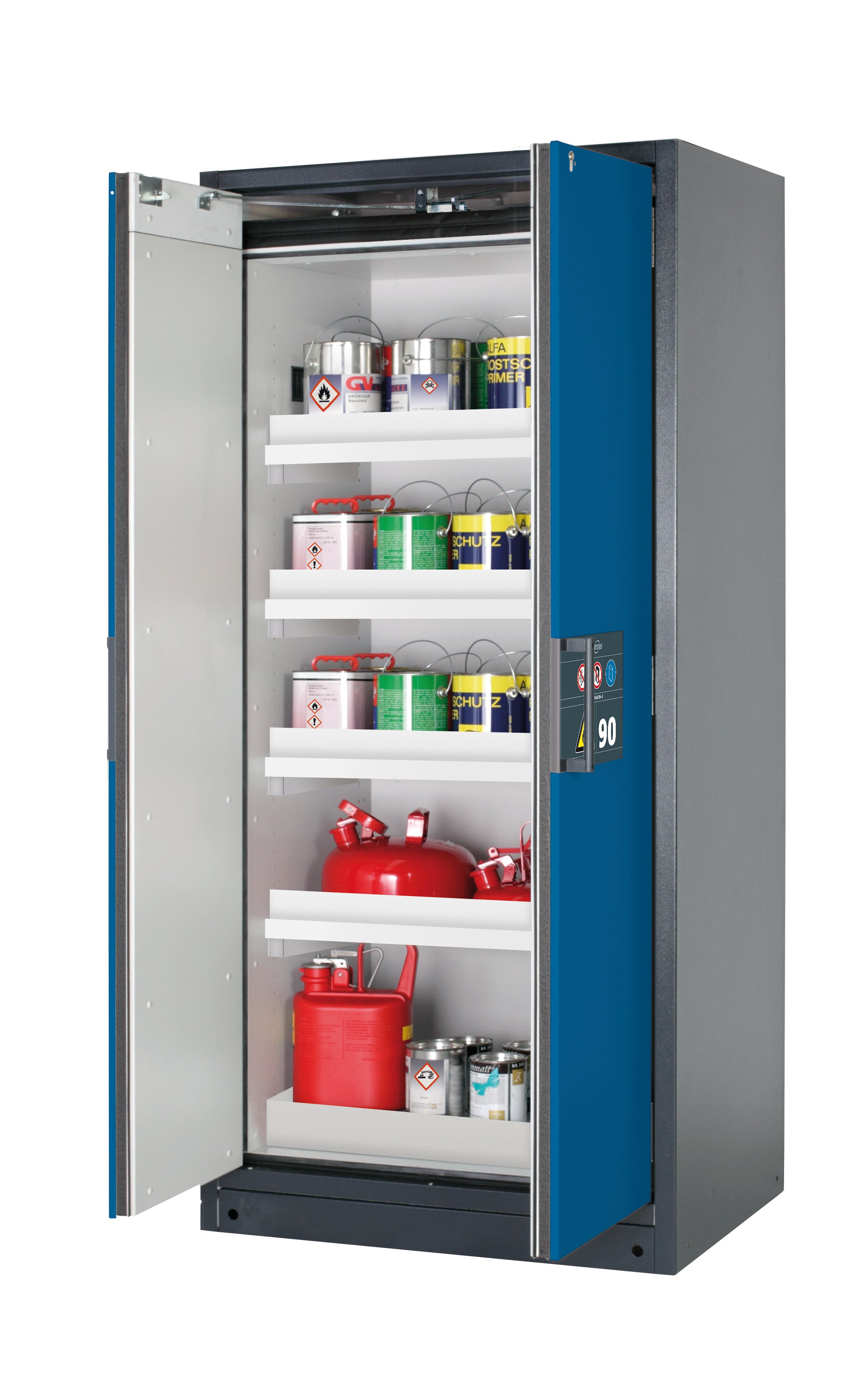 Typ 90 Sicherheitsschrank Q-PEGASUS-90 Modell Q90.195.090.WDAC in enzianblau RAL 5010 mit 4x Wannenboden Standard (Polypropylen)