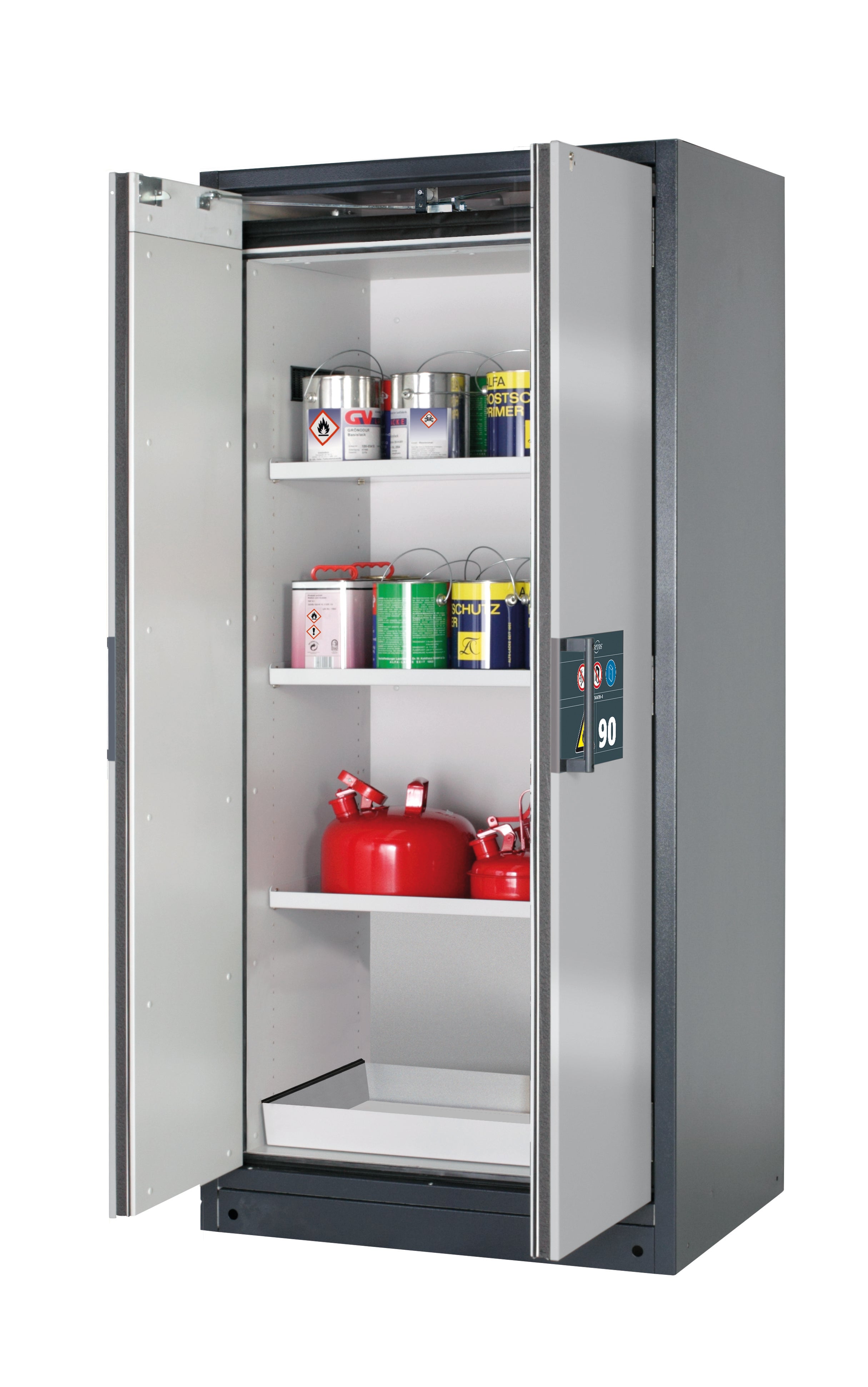Typ 90 Sicherheitsschrank Q-PEGASUS-90 Modell Q90.195.090.WDAC in asecos Silber mit 3x Fachboden Standard (Stahlblech)