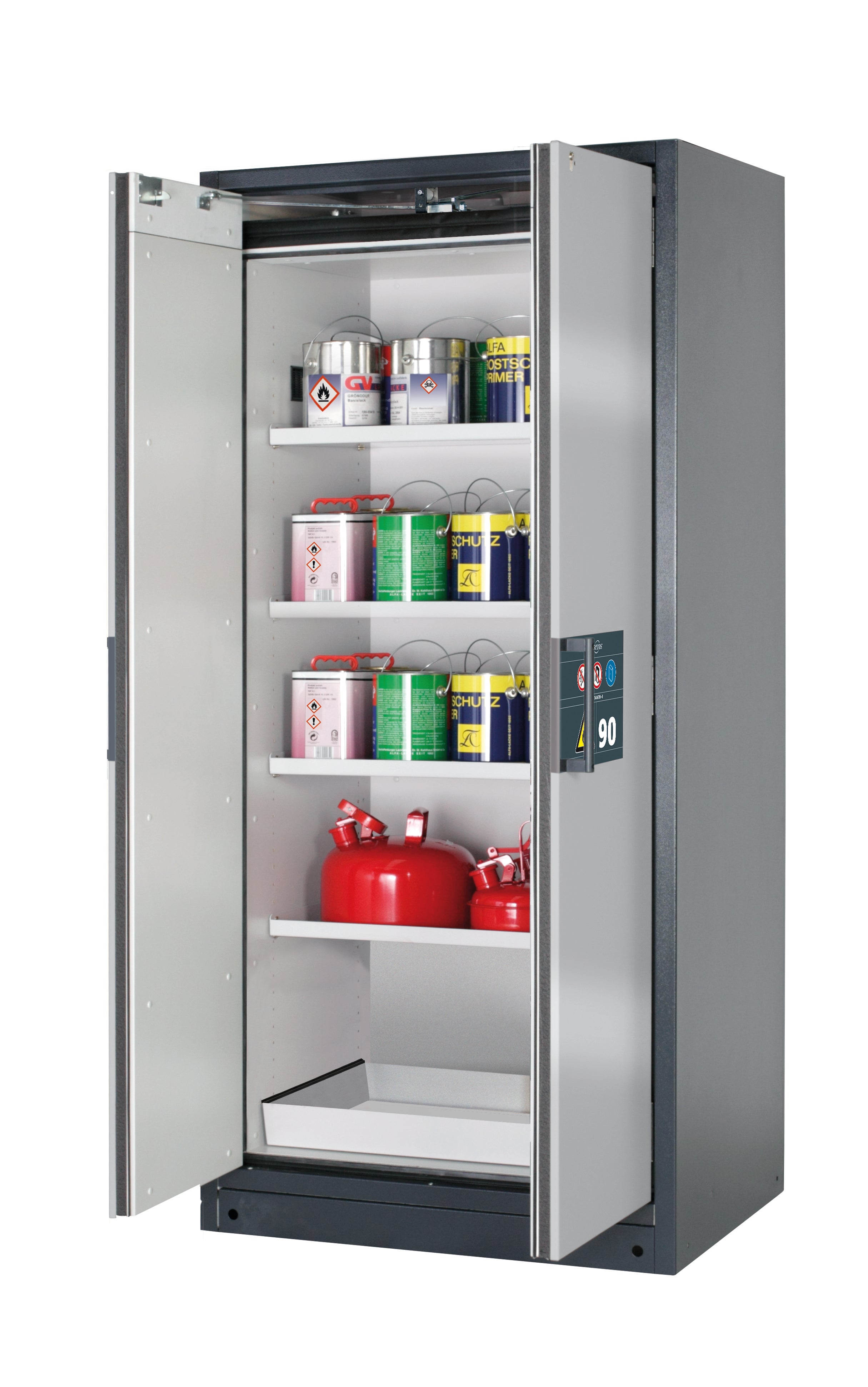Typ 90 Sicherheitsschrank Q-PEGASUS-90 Modell Q90.195.090.WDAC in asecos Silber mit 4x Fachboden Standard (Stahlblech)