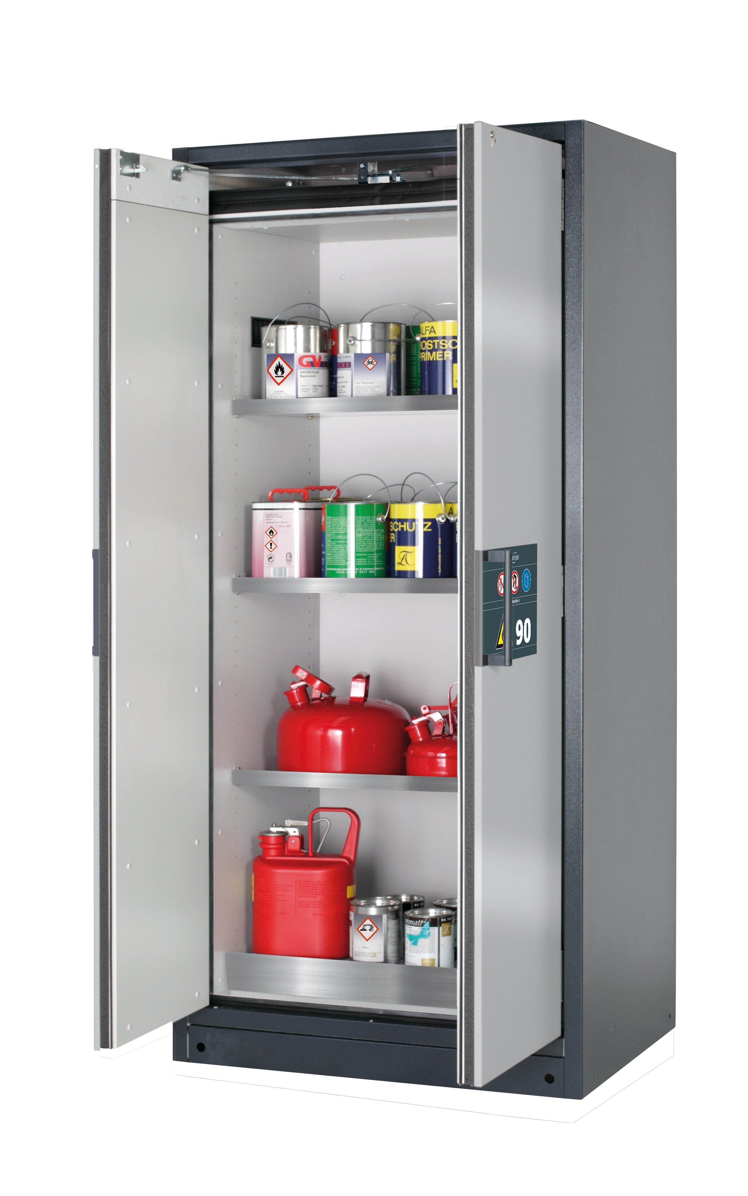 Typ 90 Sicherheitsschrank Q-PEGASUS-90 Modell Q90.195.090.WDAC in asecos Silber mit 3x Fachboden Standard (Edelstahl 1.4301)