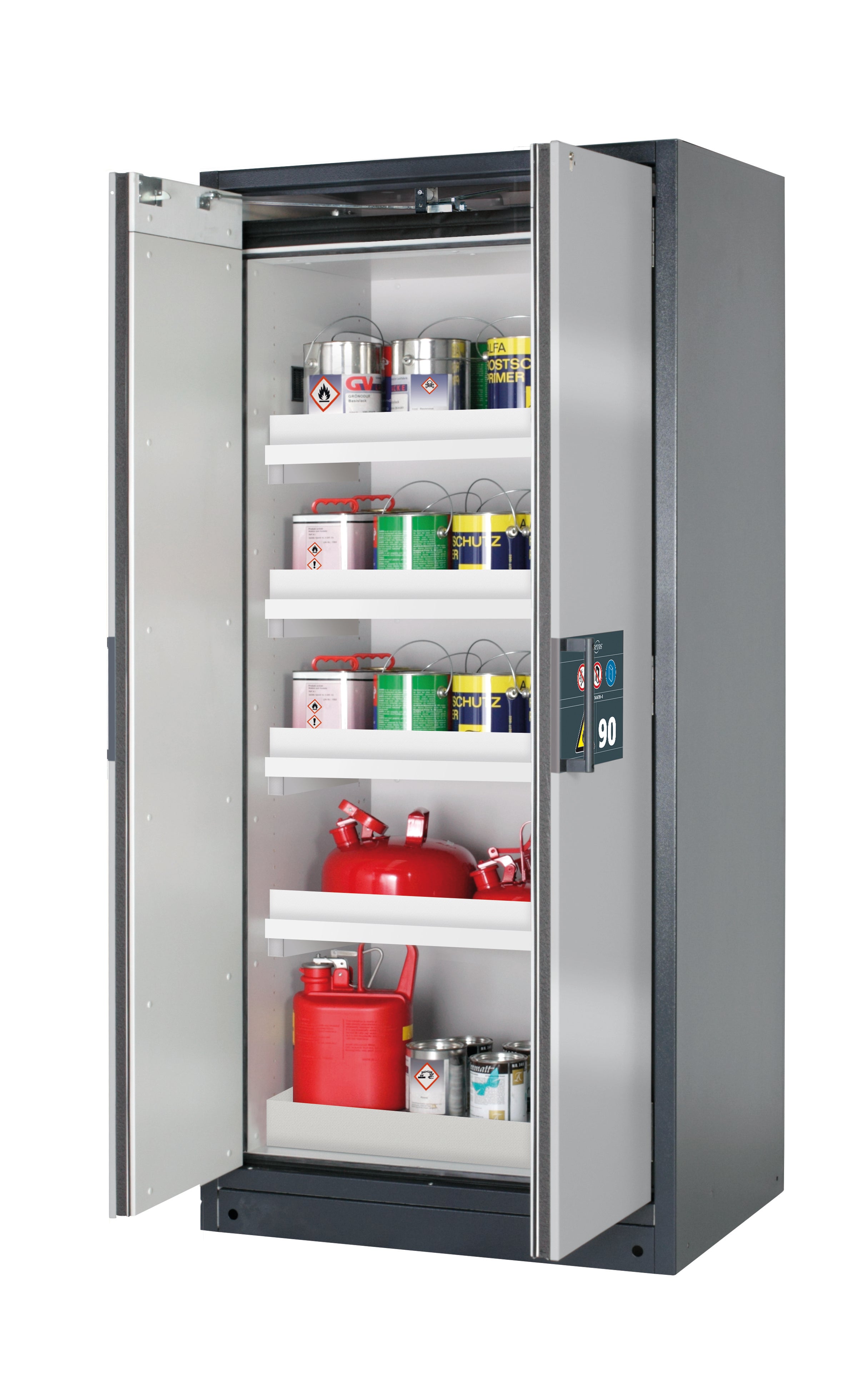 Typ 90 Sicherheitsschrank Q-PEGASUS-90 Modell Q90.195.090.WDAC in asecos Silber mit 4x Wannenboden Standard (Polypropylen)
