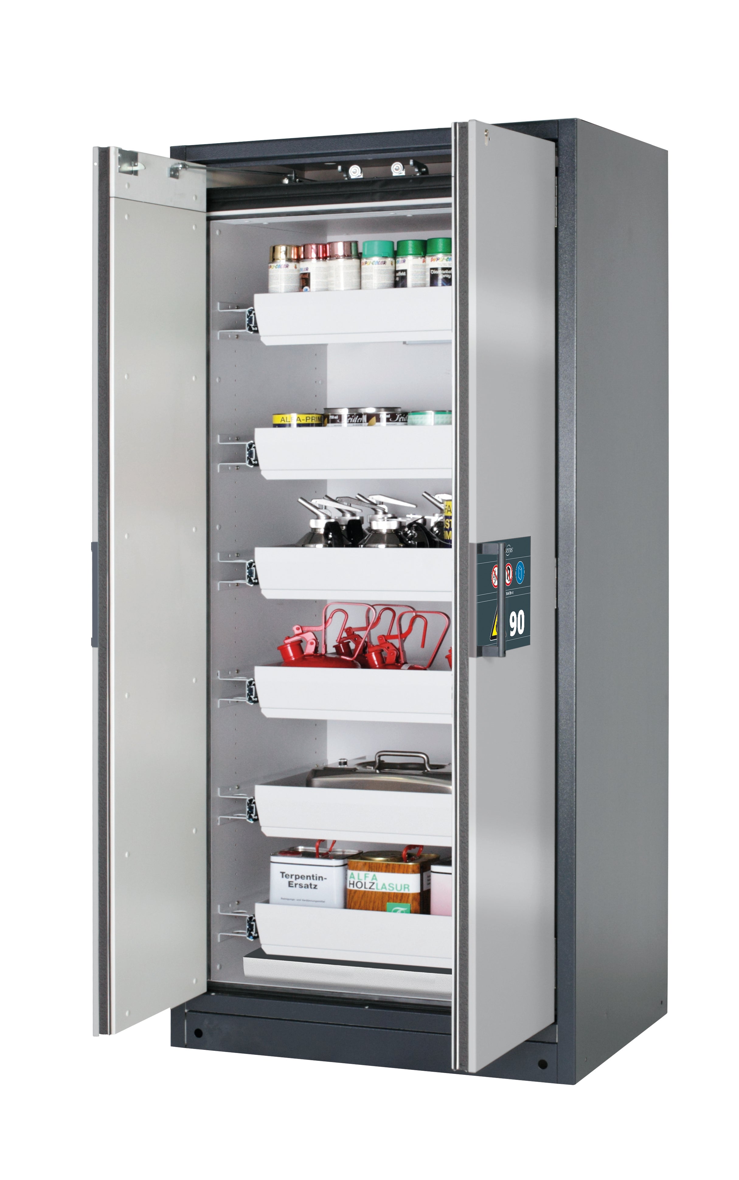 Typ 90 Sicherheitsschrank Q-PEGASUS-90 Modell Q90.195.090.WDAC in asecos Silber mit 6x Auszugswanne Standard (Stahlblech)