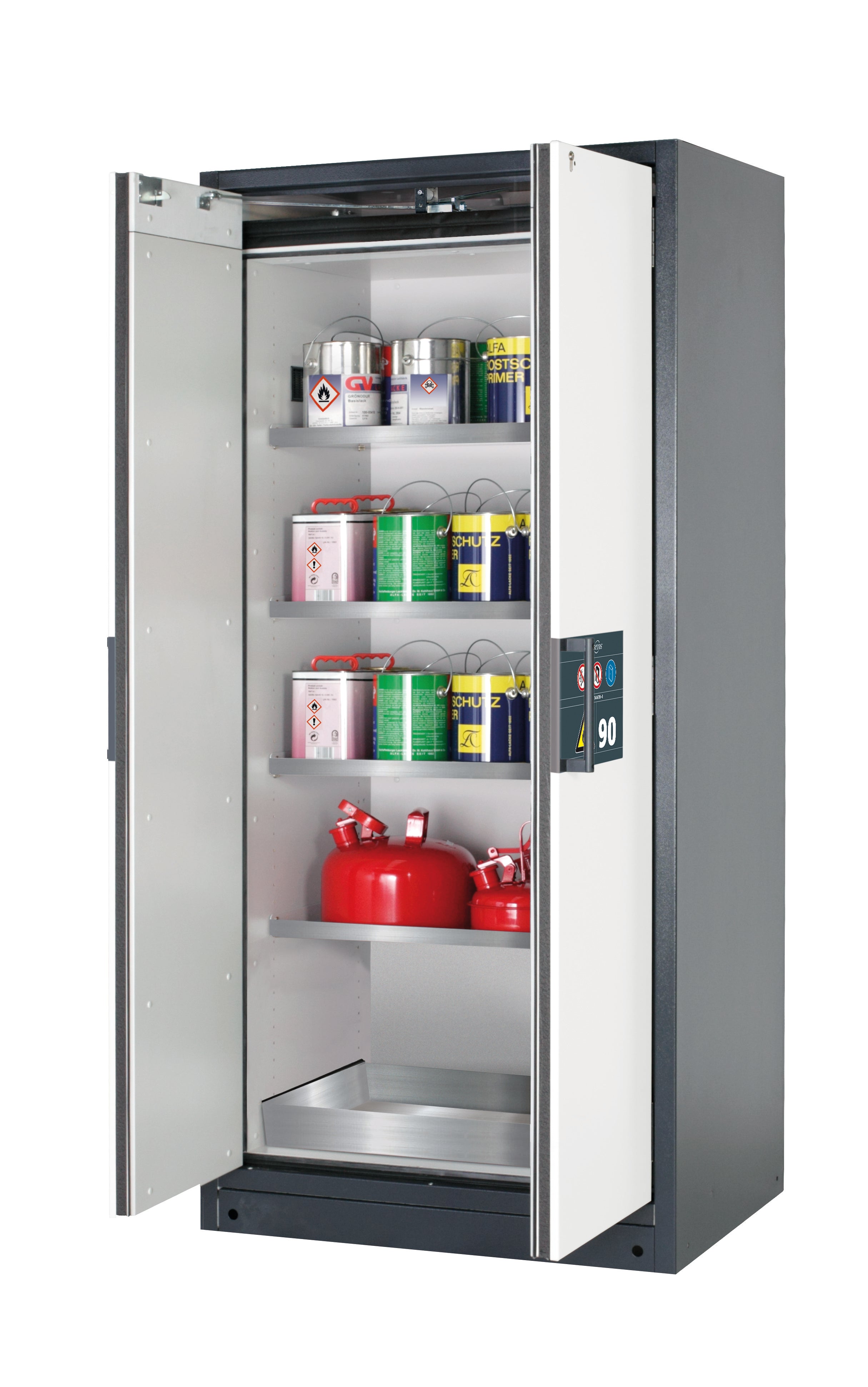 Typ 90 Sicherheitsschrank Q-PEGASUS-90 Modell Q90.195.090.WDAC in reinweiss RAL 9010 mit 4x Fachboden Standard (Edelstahl 1.4301)