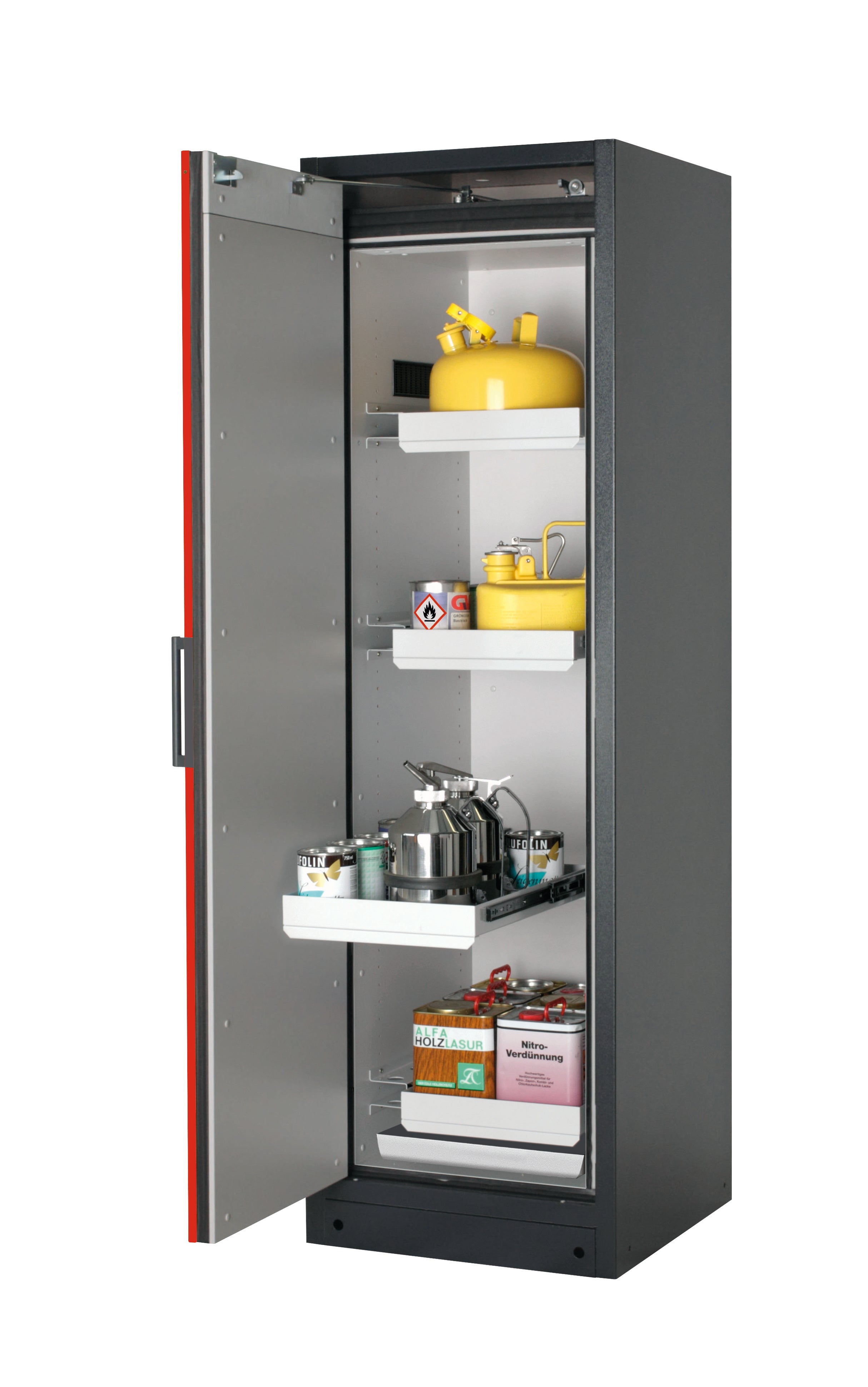 Typ 90 Sicherheitsschrank Q-CLASSIC-90 Modell Q90.195.060 in verkehrsrot RAL 3020 mit 4x Auszugswanne Standard (Stahlblech)