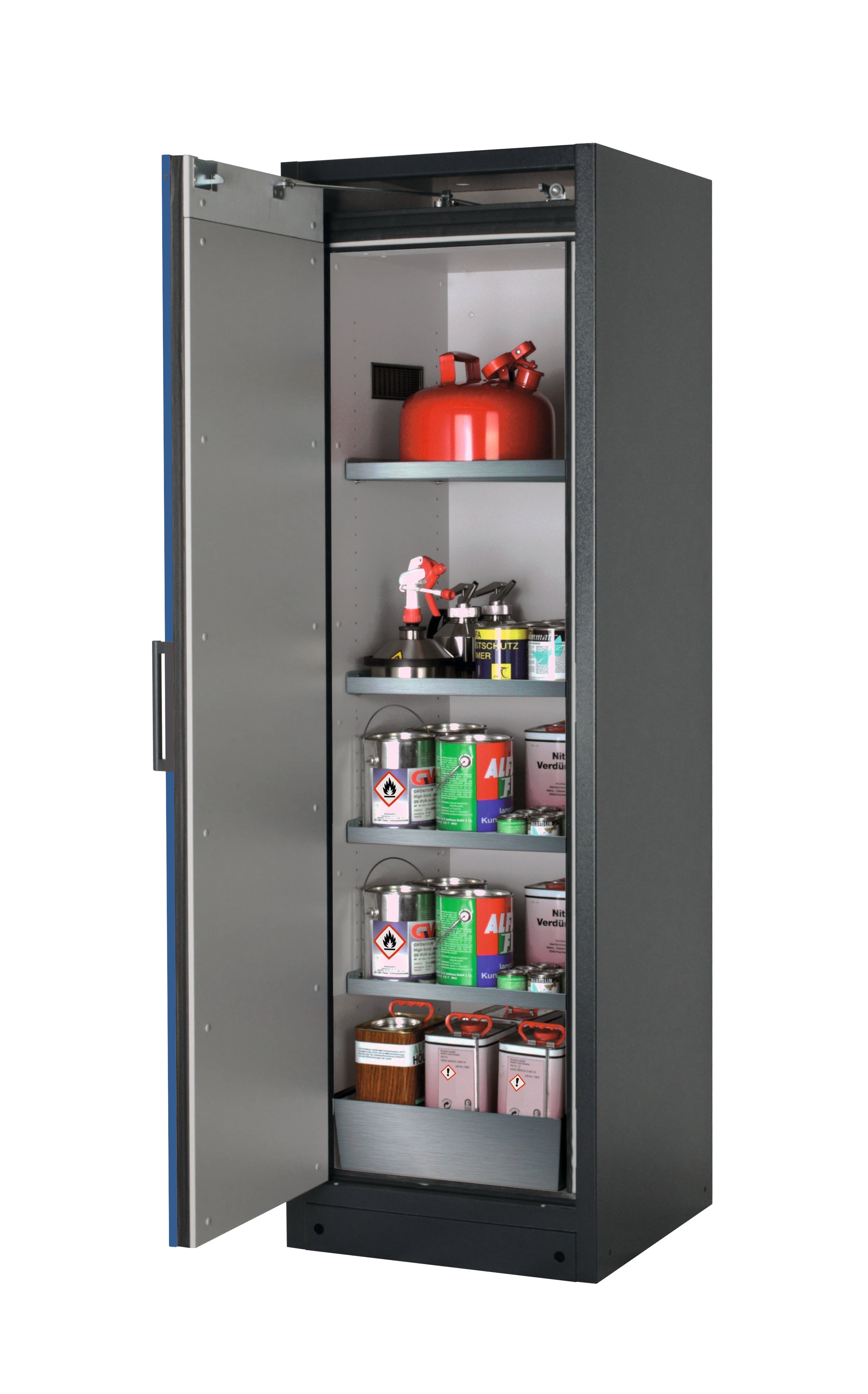 Typ 90 Sicherheitsschrank Q-CLASSIC-90 Modell Q90.195.060 in enzianblau RAL 5010 mit 4x Fachboden Standard (Edelstahl 1.4301)