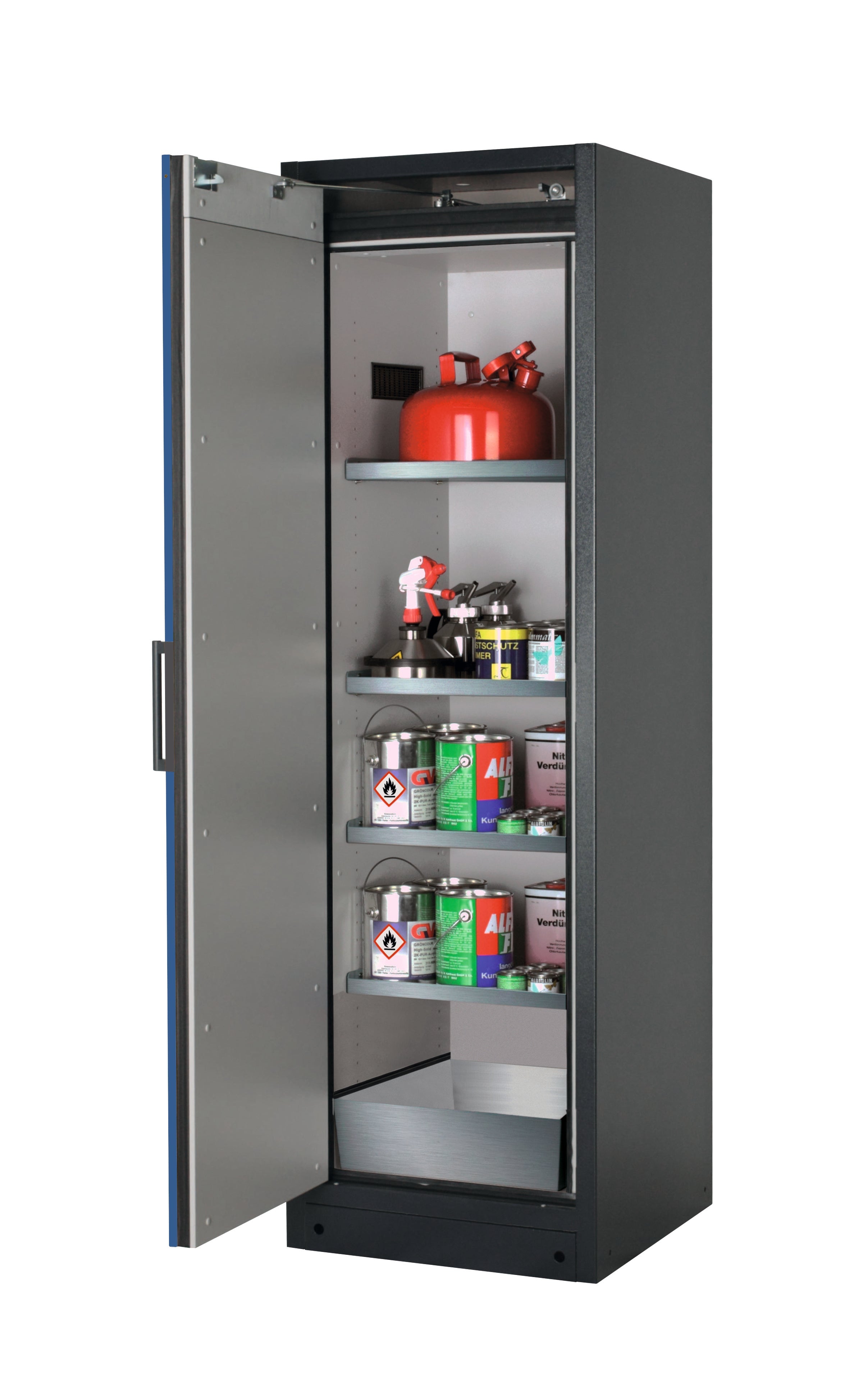 Typ 90 Sicherheitsschrank Q-CLASSIC-90 Modell Q90.195.060 in enzianblau RAL 5010 mit 4x Fachboden Standard (Edelstahl 1.4301)