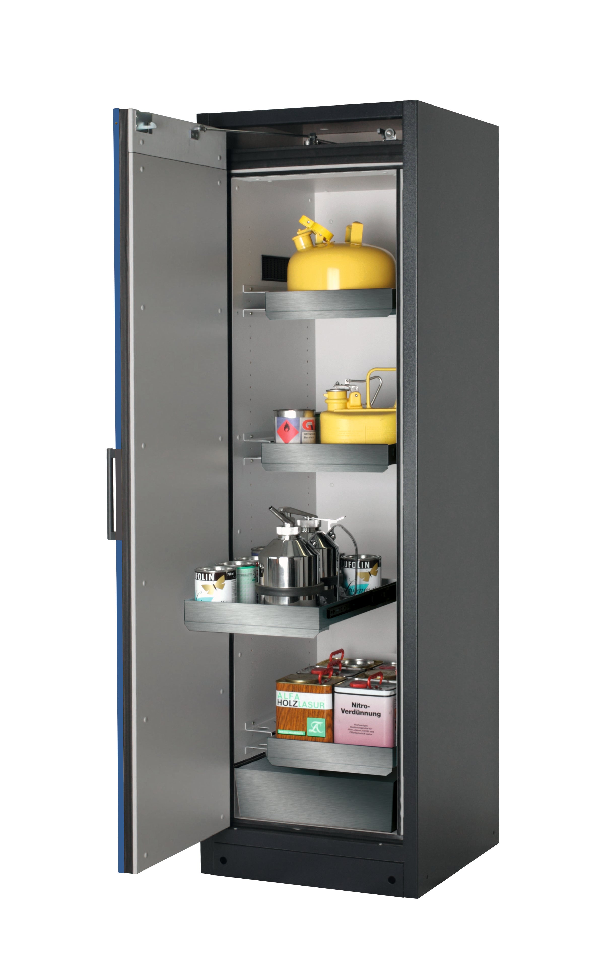 Typ 90 Sicherheitsschrank Q-CLASSIC-90 Modell Q90.195.060 in enzianblau RAL 5010 mit 3x Auszugswanne Standard (Edelstahl 1.4301)