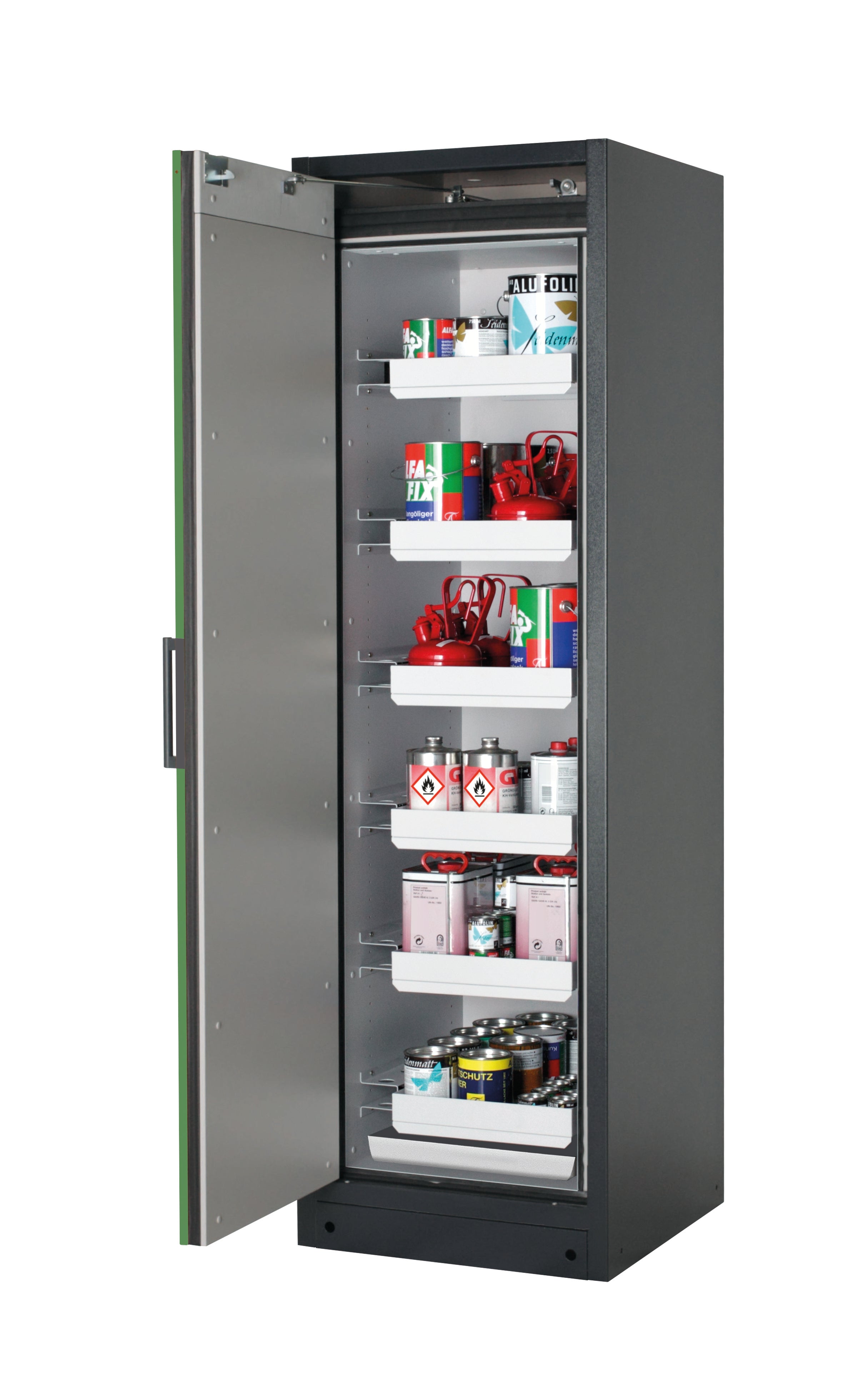 Typ 90 Sicherheitsschrank Q-CLASSIC-90 Modell Q90.195.060 in resedagrün RAL 6011 mit 6x Auszugswanne Standard (Stahlblech)