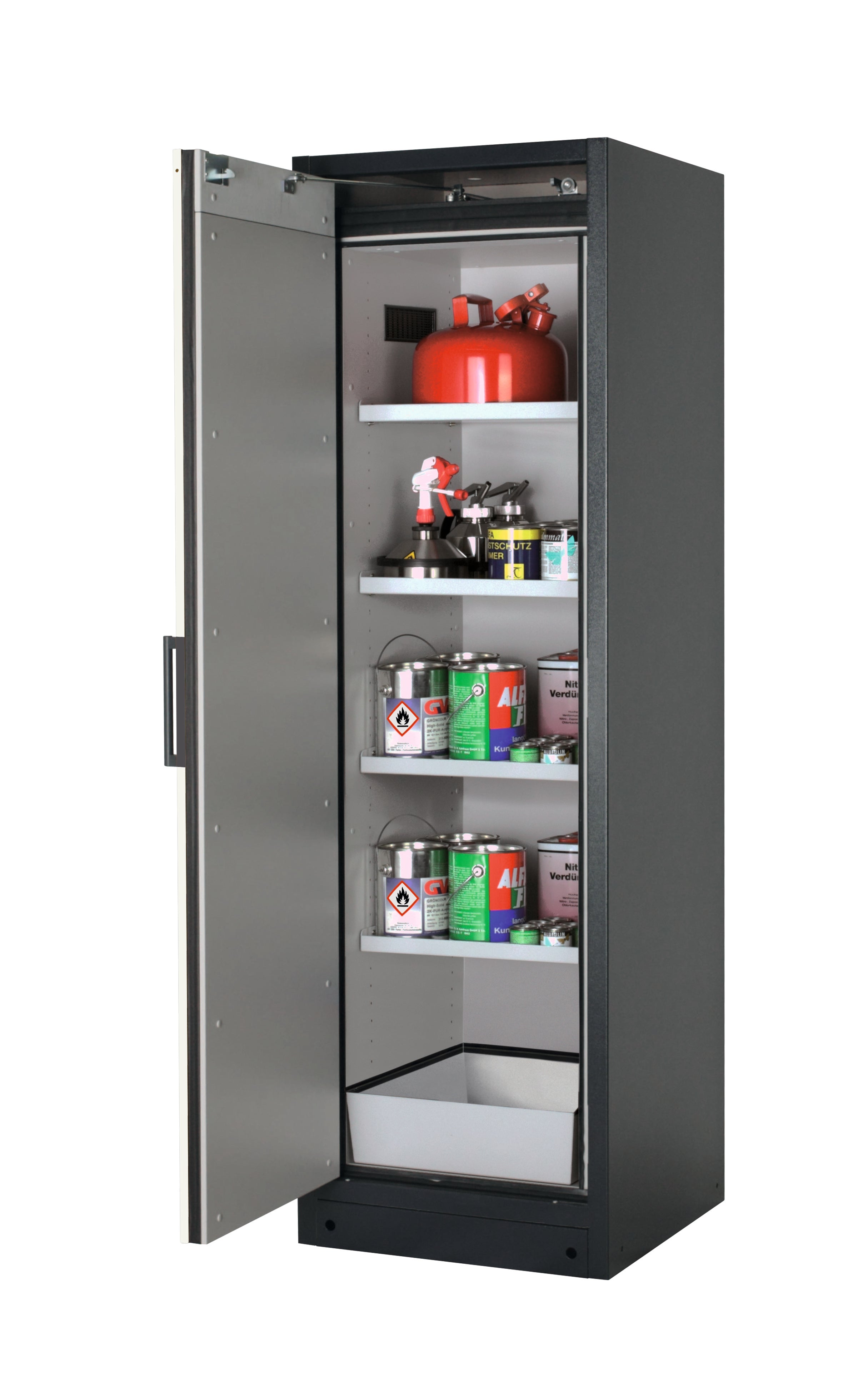 Typ 90 Sicherheitsschrank Q-CLASSIC-90 Modell Q90.195.060 in asecos Silber mit 4x Fachboden Standard (Stahlblech)