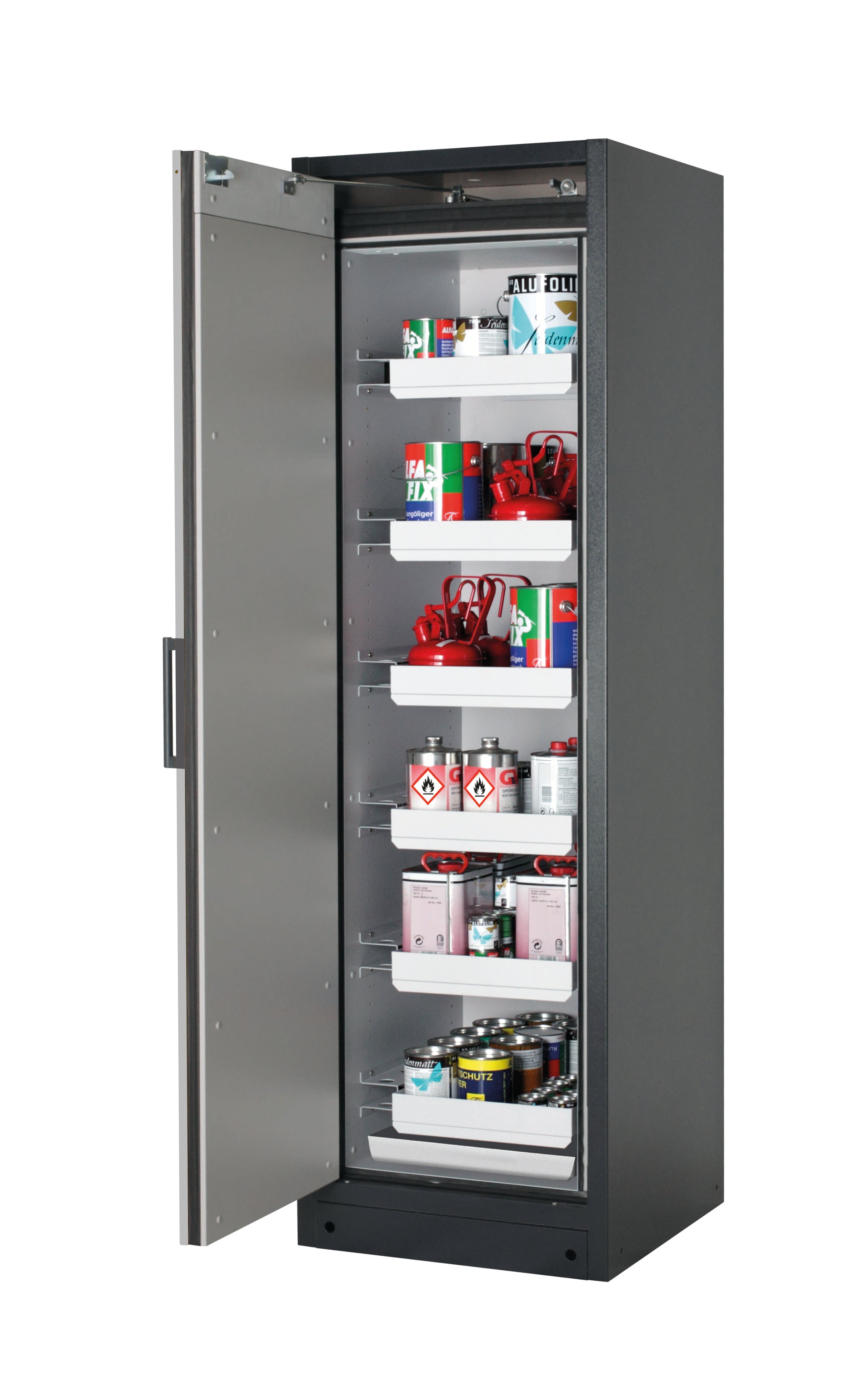 Typ 90 Sicherheitsschrank Q-CLASSIC-90 Modell Q90.195.060 in asecos Silber mit 6x Auszugswanne Standard (Stahlblech)