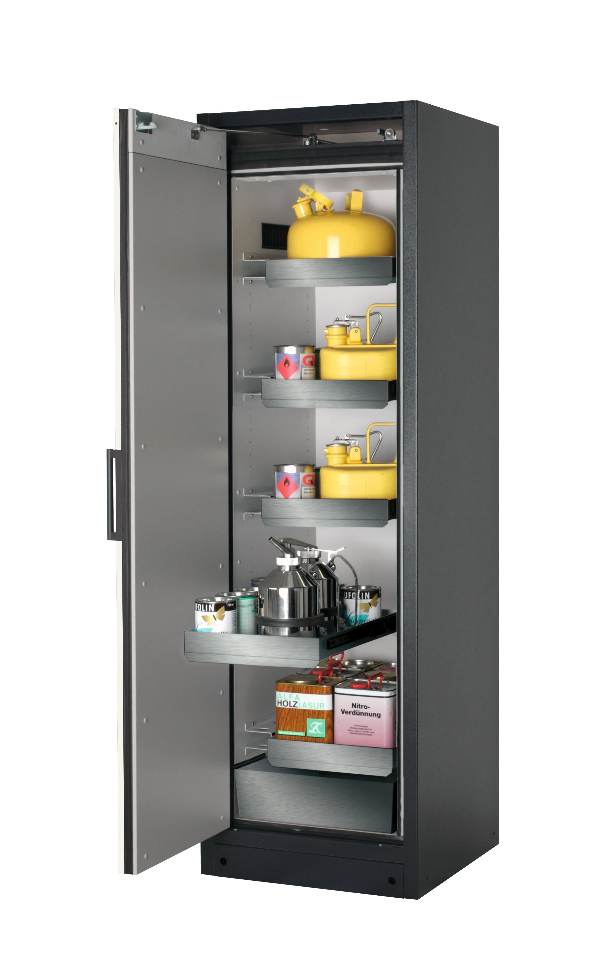 Typ 90 Sicherheitsschrank Q-CLASSIC-90 Modell Q90.195.060 in asecos Silber mit 4x Auszugswanne Standard (Edelstahl 1.4301)
