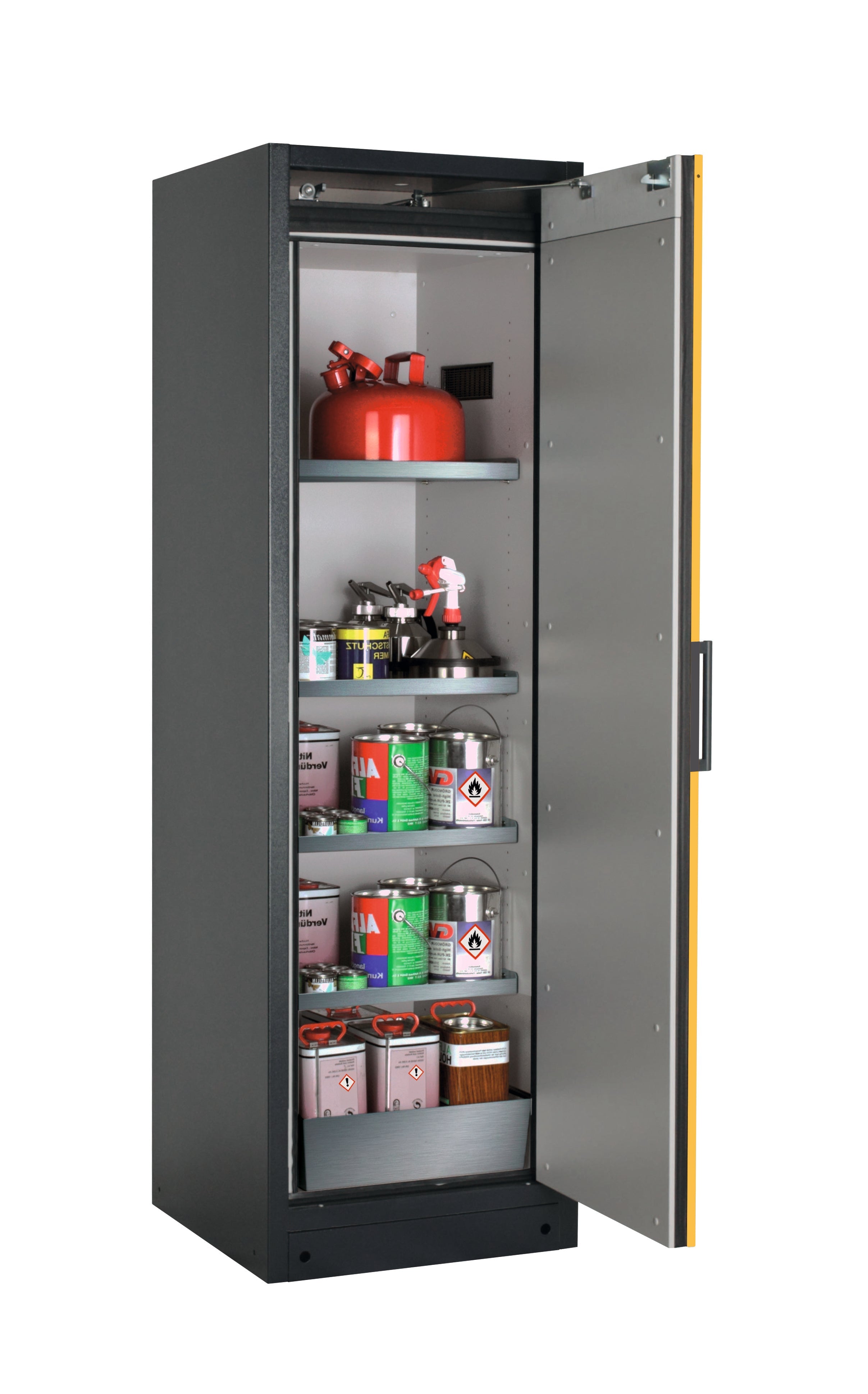 Typ 90 Sicherheitsschrank Q-PEGASUS-90 Modell Q90.195.060.WDACR in sicherheitsgelb RAL 1004 mit 4x Fachboden Standard (Edelstahl 1.4301)