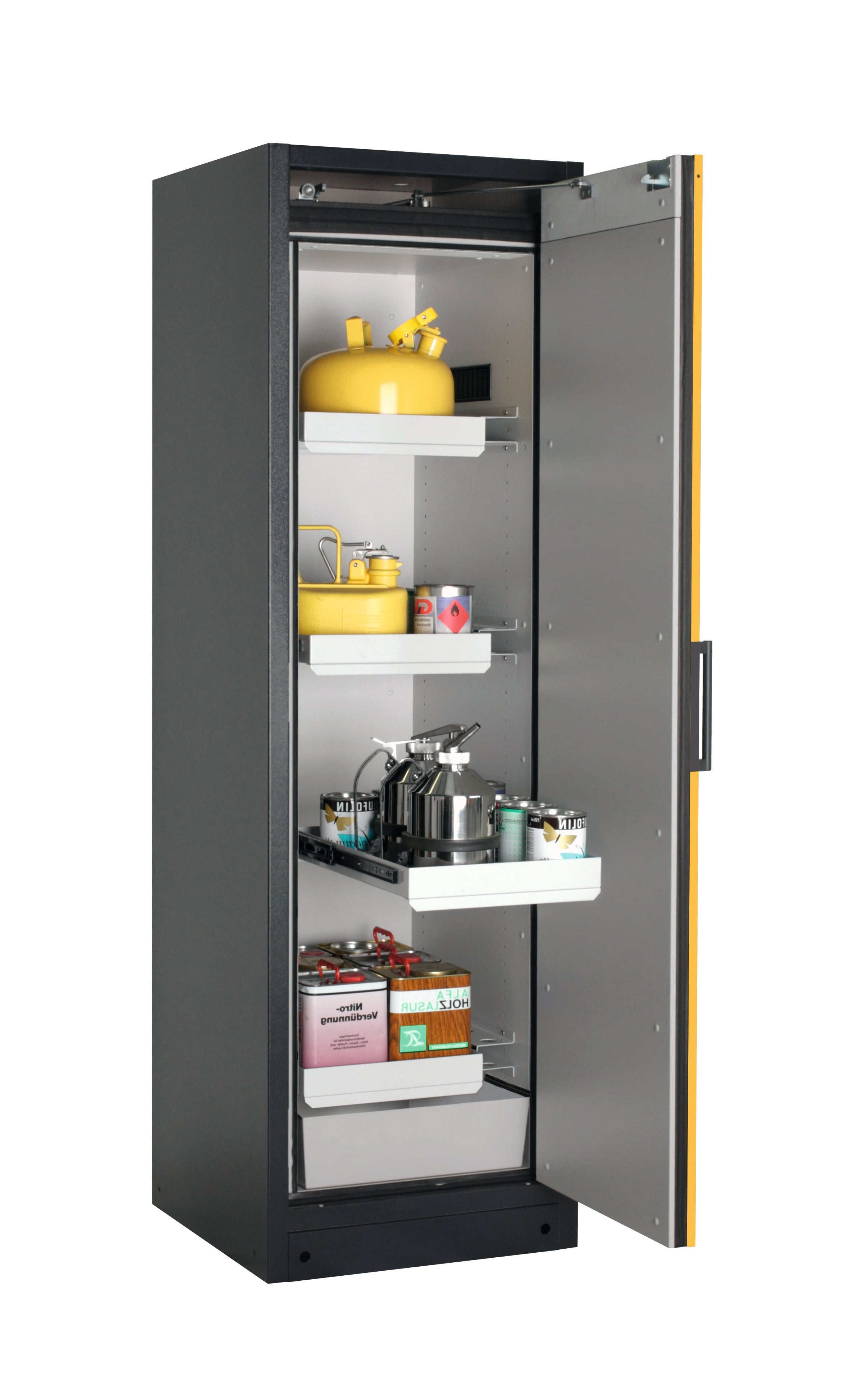 Typ 90 Sicherheitsschrank Q-PEGASUS-90 Modell Q90.195.060.WDACR in sicherheitsgelb RAL 1004 mit 3x Auszugswanne Standard (Stahlblech)