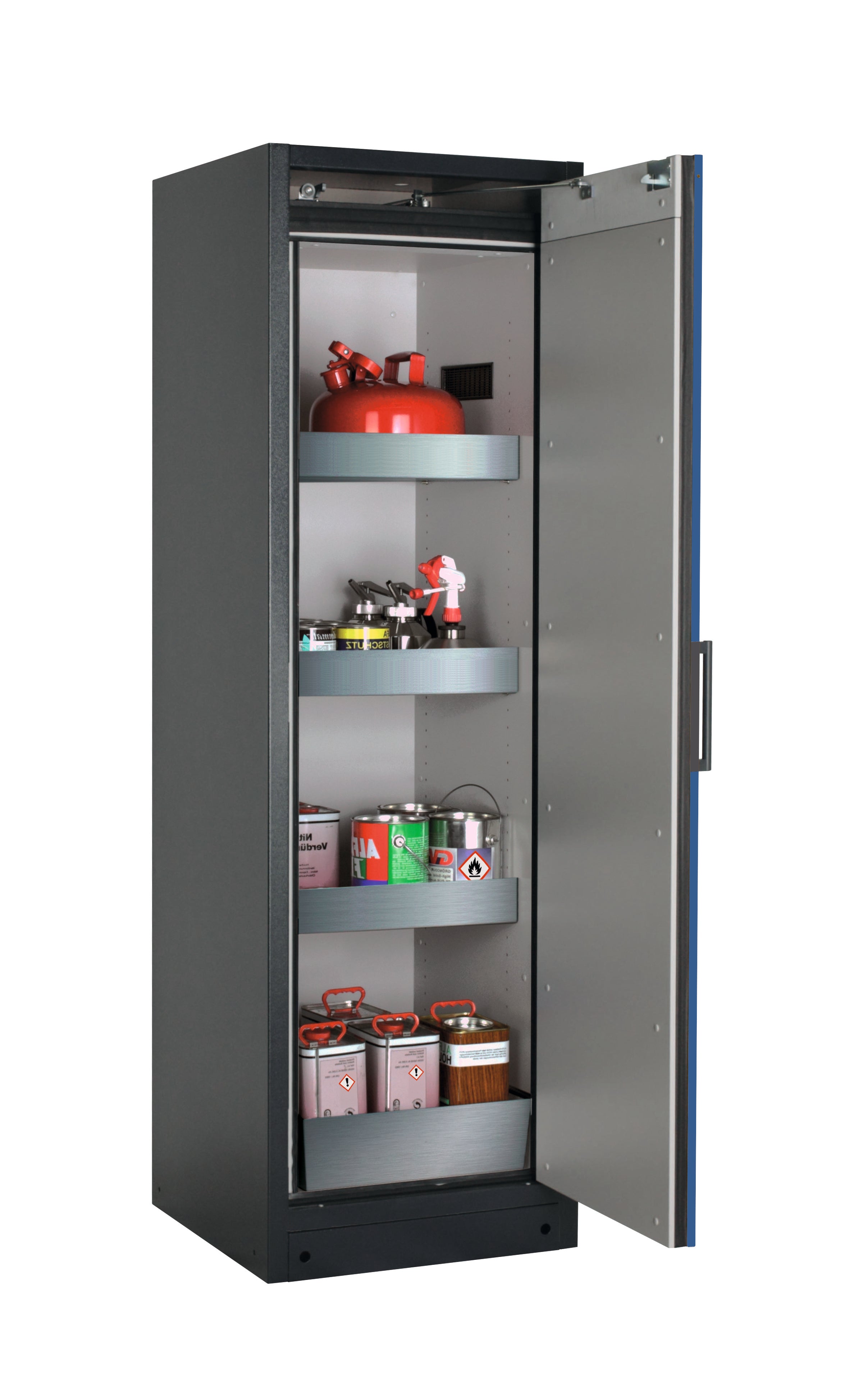 Typ 90 Sicherheitsschrank Q-PEGASUS-90 Modell Q90.195.060.WDACR in enzianblau RAL 5010 mit 3x Wannenboden Standard (Edelstahl 1.4301)