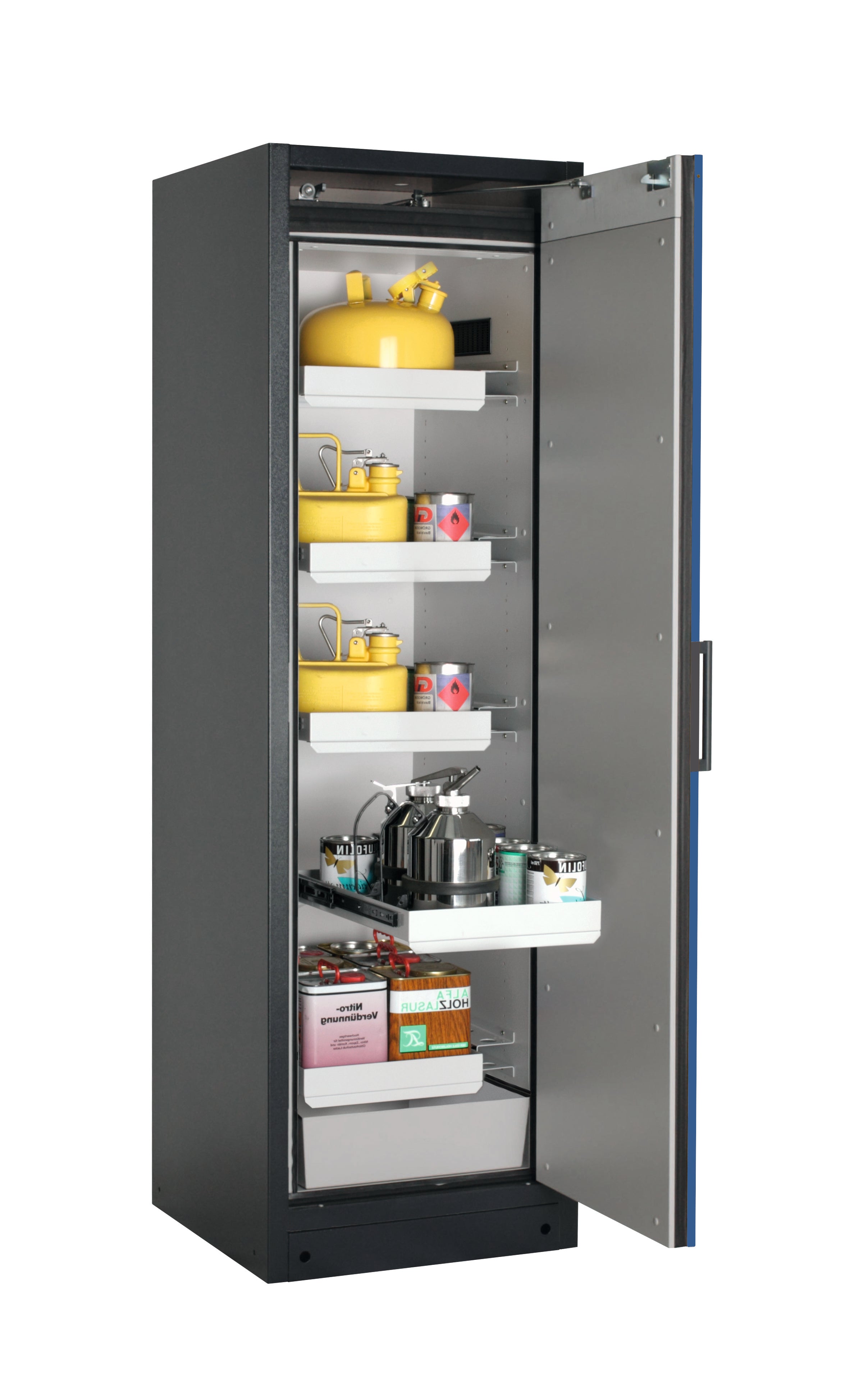 Typ 90 Sicherheitsschrank Q-PEGASUS-90 Modell Q90.195.060.WDACR in enzianblau RAL 5010 mit 4x Auszugswanne Standard (Stahlblech)