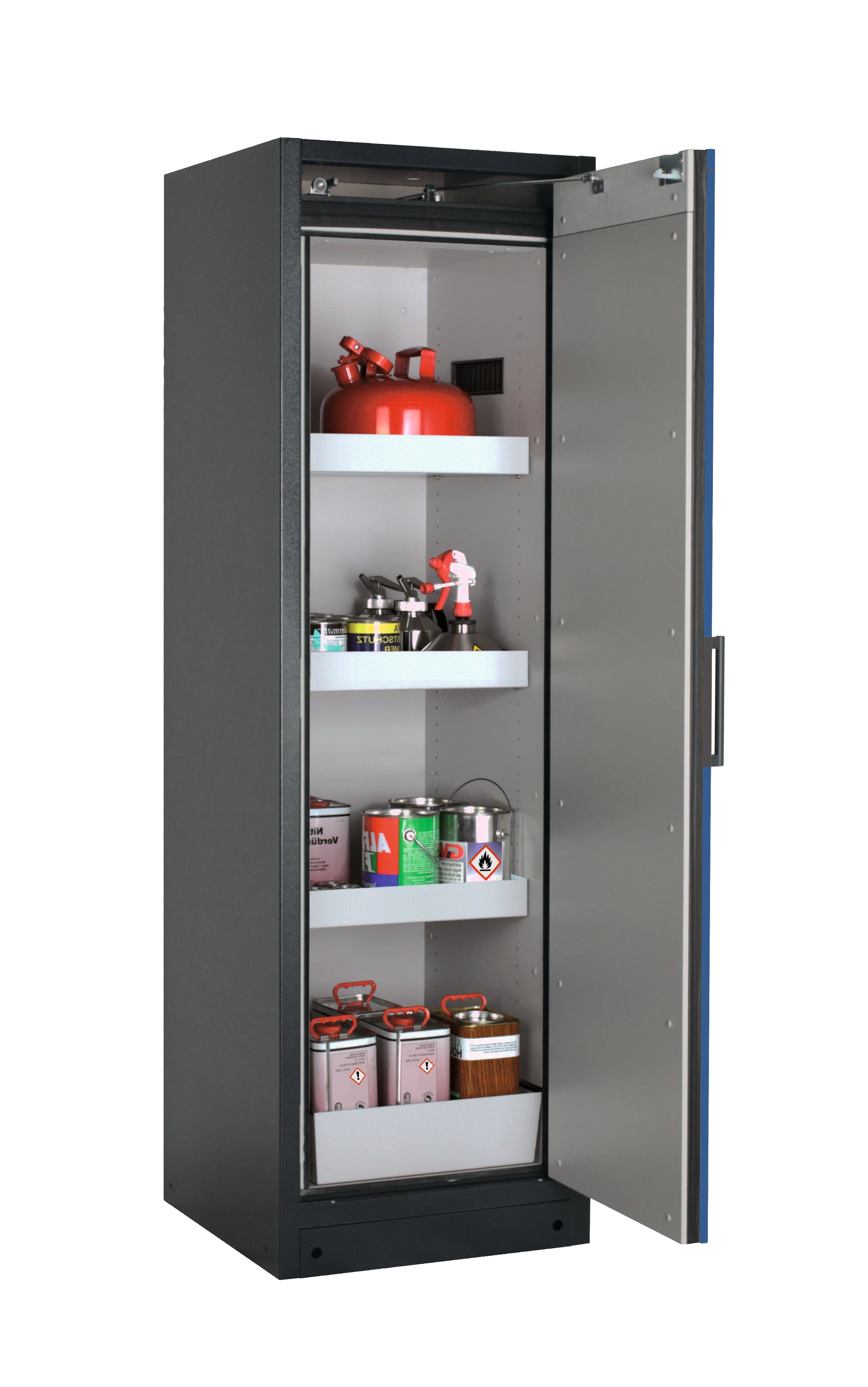 Typ 90 Sicherheitsschrank Q-PEGASUS-90 Modell Q90.195.060.WDACR in enzianblau RAL 5010 mit 3x Wannenboden Standard (Stahlblech)