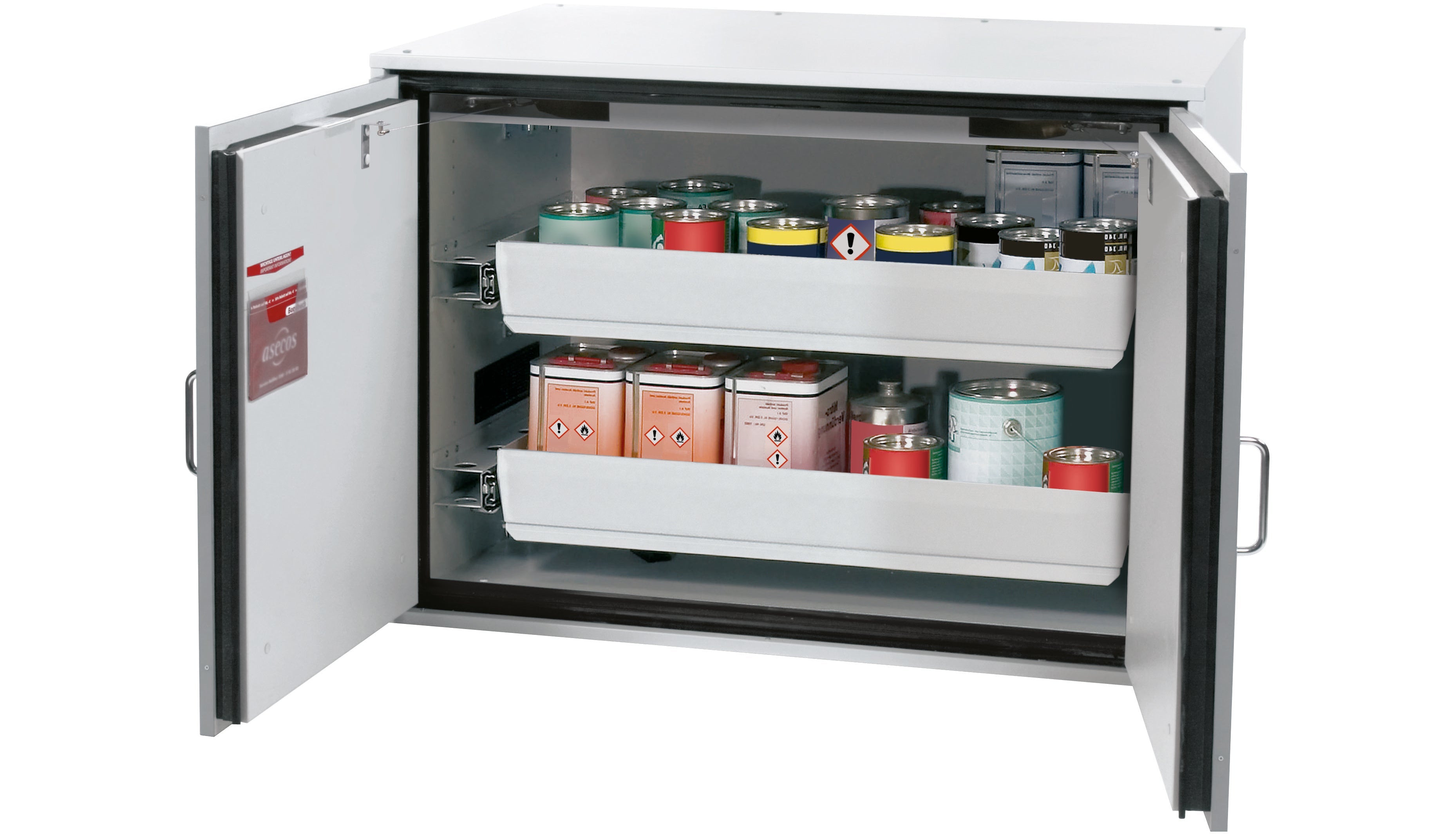 Type 90 safety storage under bench cabinet UB-T-90 model UB90.080.110.075.2T in light grey RAL 7035 with 2x drawer (sheet steel),