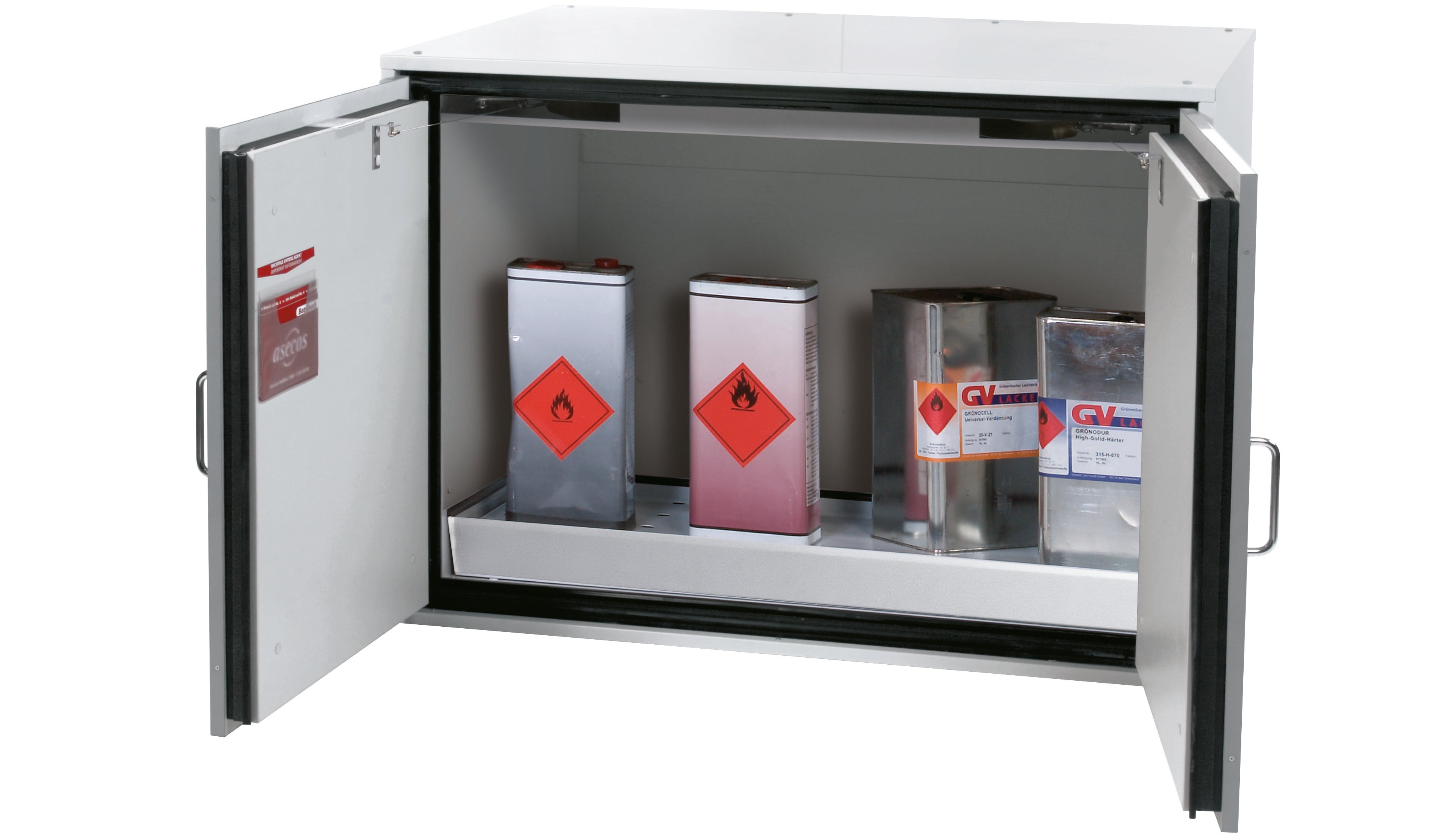Type 90 safety storage under bench cabinet UB-T-90 model UB90.080.110.075.2T in light grey RAL 7035 with 1x perforated insert standard (stainless steel 1.4301),