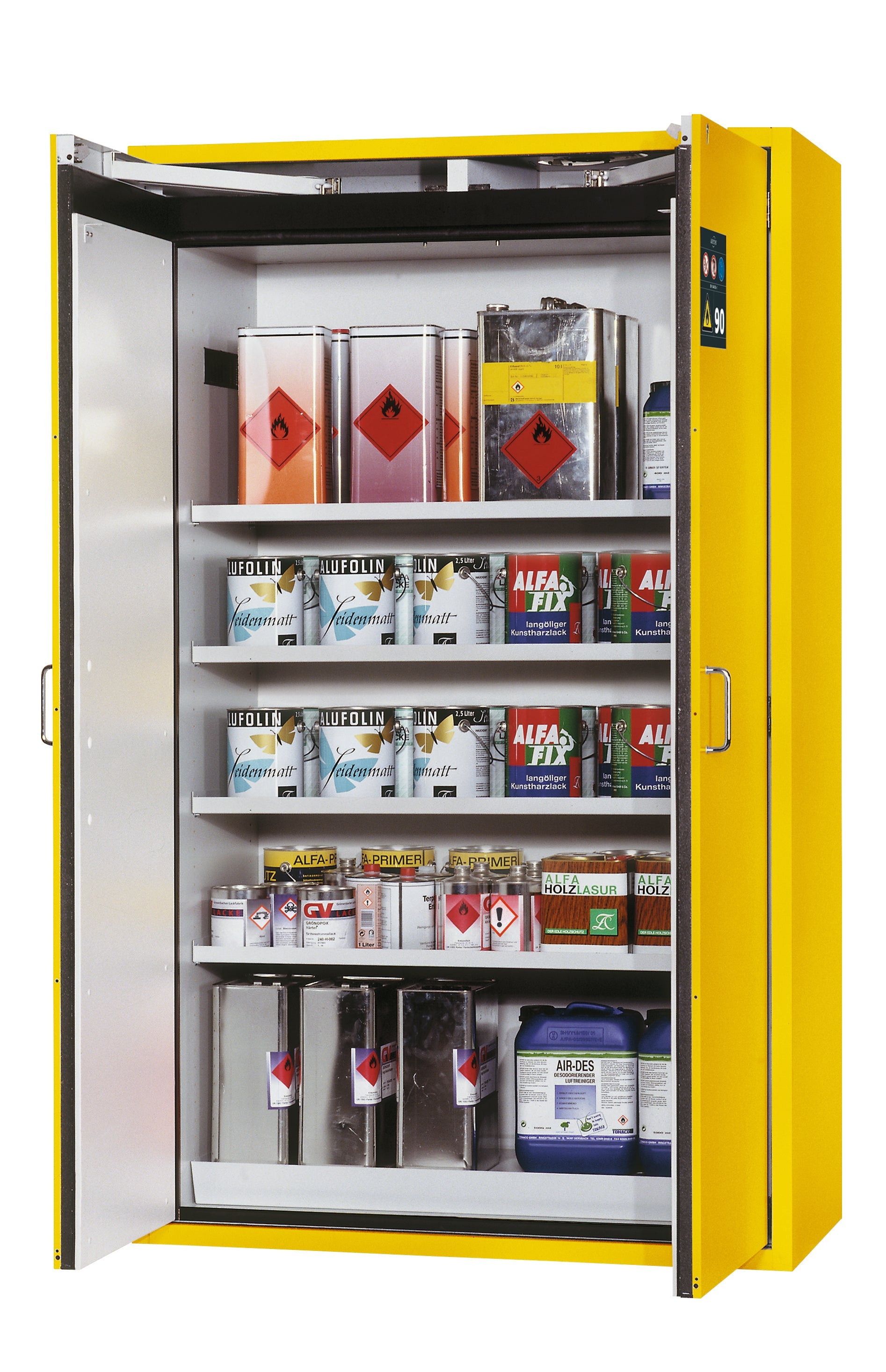 Type 90 safety storage cabinet S-CLASSIC-90 model S90.196.120.WDAS in warning yellow RAL 1004 with 4x shelf standard (sheet steel),