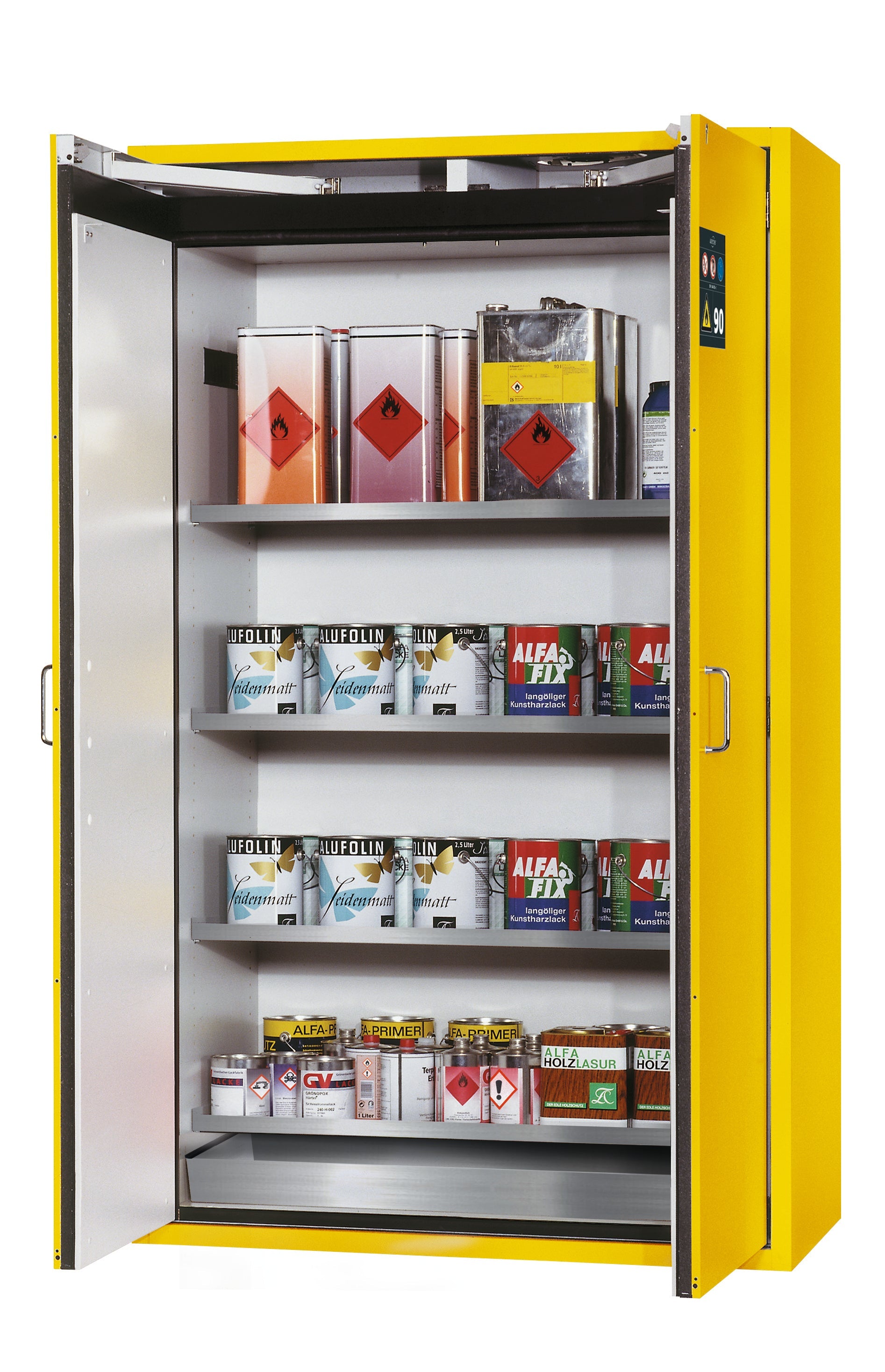 Type 90 safety storage cabinet S-CLASSIC-90 model S90.196.120.WDAS in warning yellow RAL 1004 with 4x shelf standard (stainless steel 1.4301),