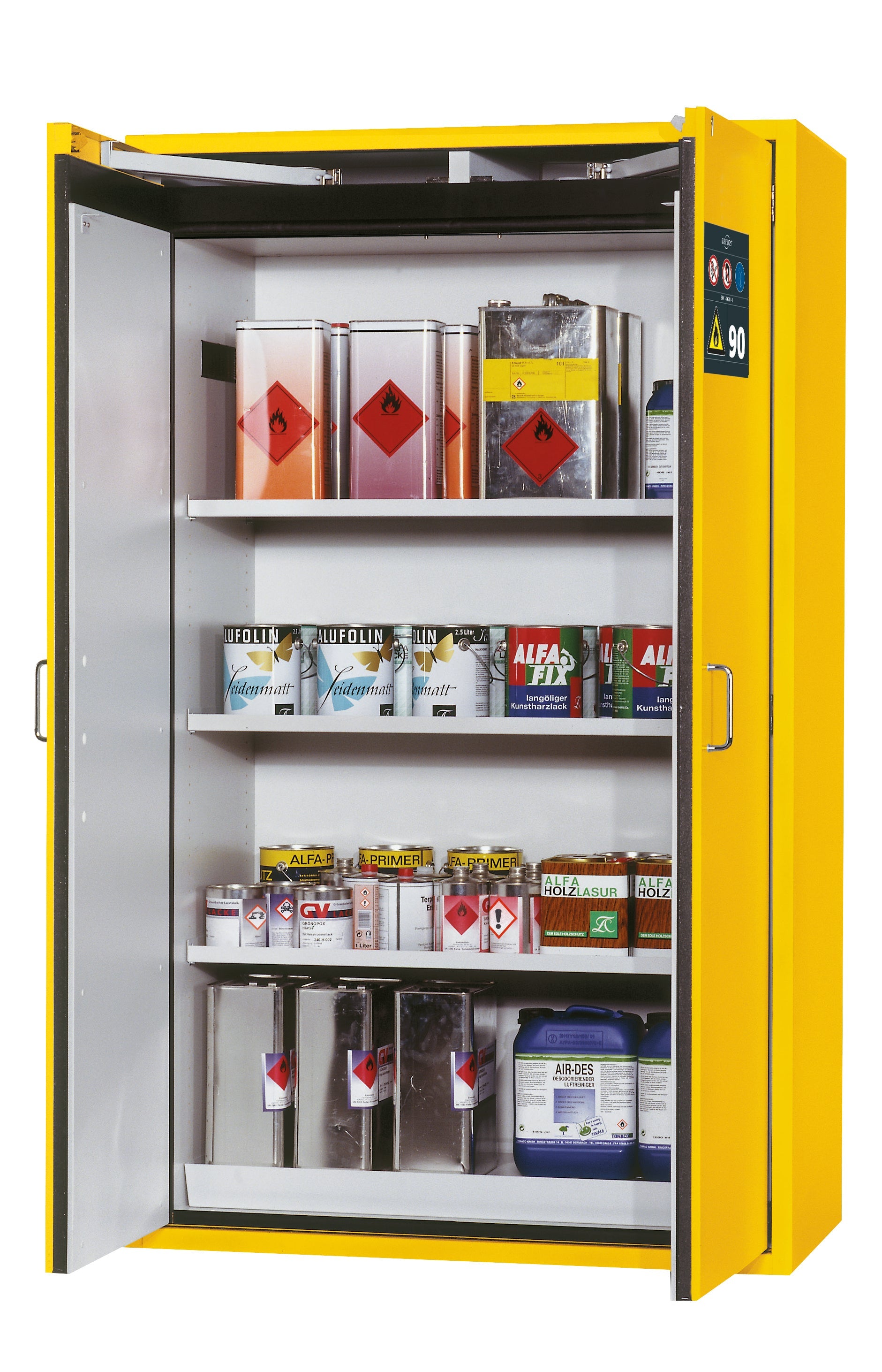 Type 90 safety storage cabinet S-CLASSIC-90 model S90.196.120.WDAS in warning yellow RAL 1004 with 3x shelf standard (sheet steel),