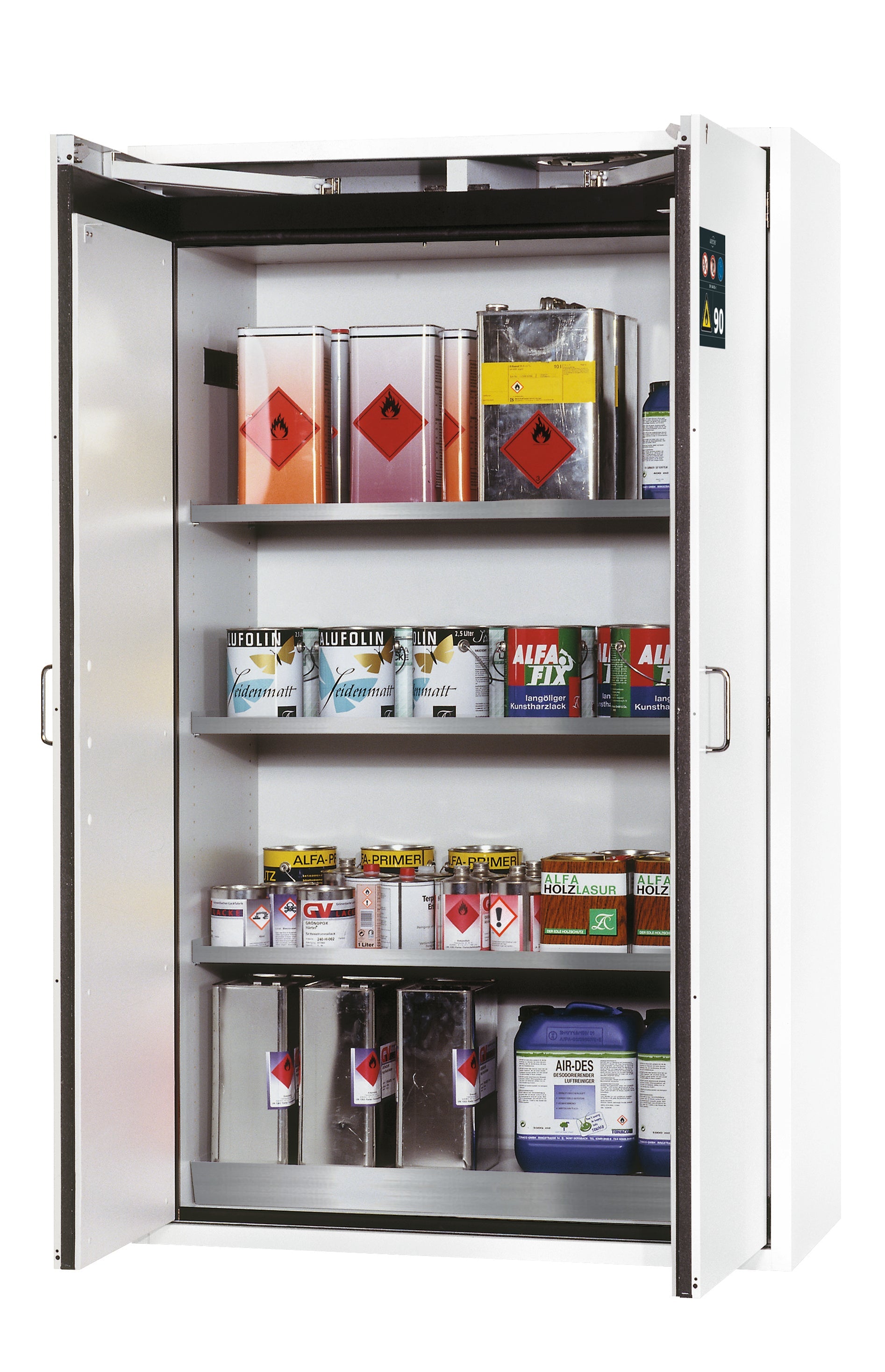 Type 90 safety storage cabinet S-CLASSIC-90 model S90.196.120.WDAS in laboratory white (sim. RAL 9016) with 3x shelf standard (stainless steel 1.4301),
