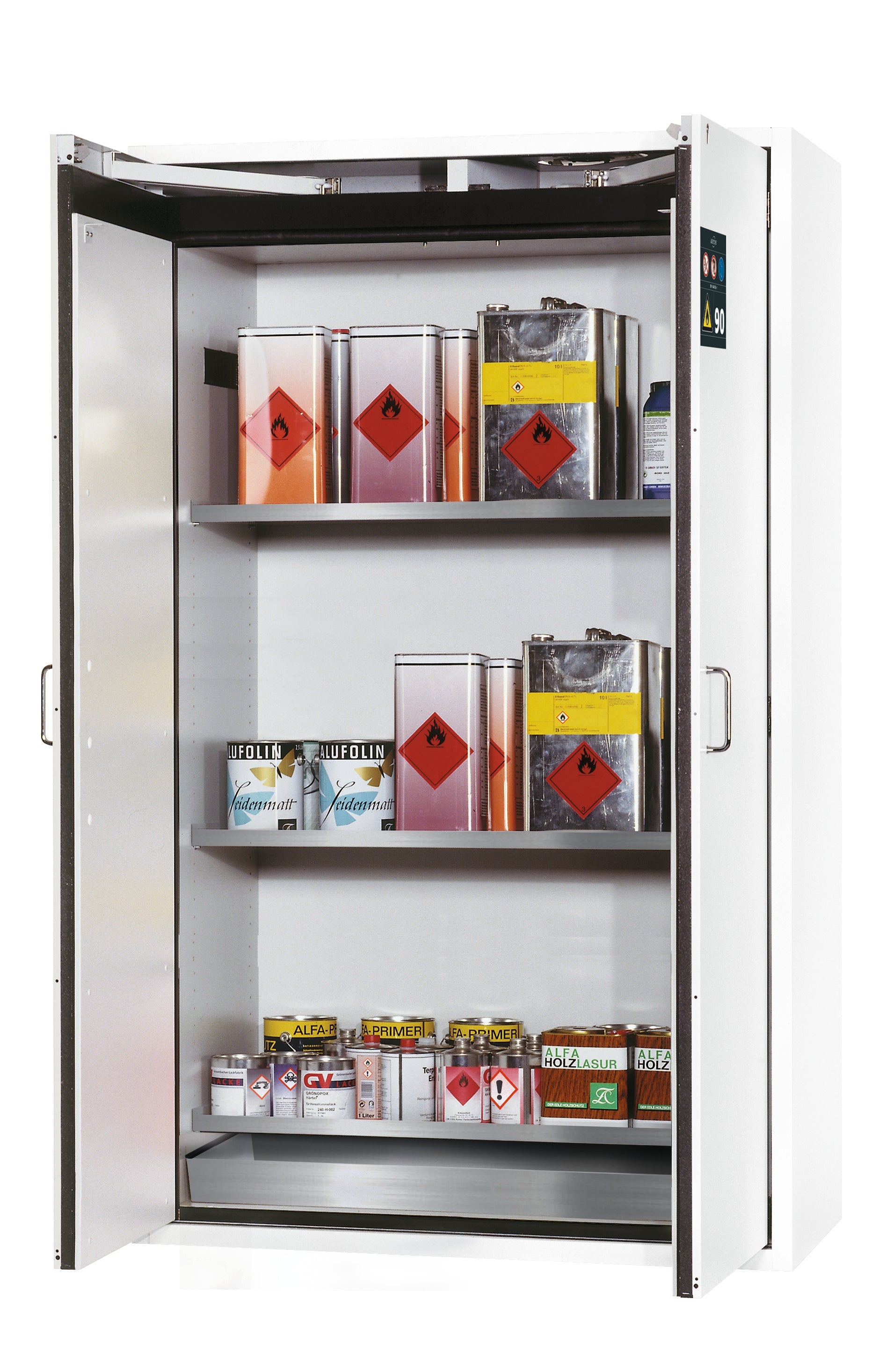 Type 90 safety storage cabinet S-CLASSIC-90 model S90.196.120.WDAS in laboratory white (sim. RAL 9016) with 3x shelf standard (stainless steel 1.4301),