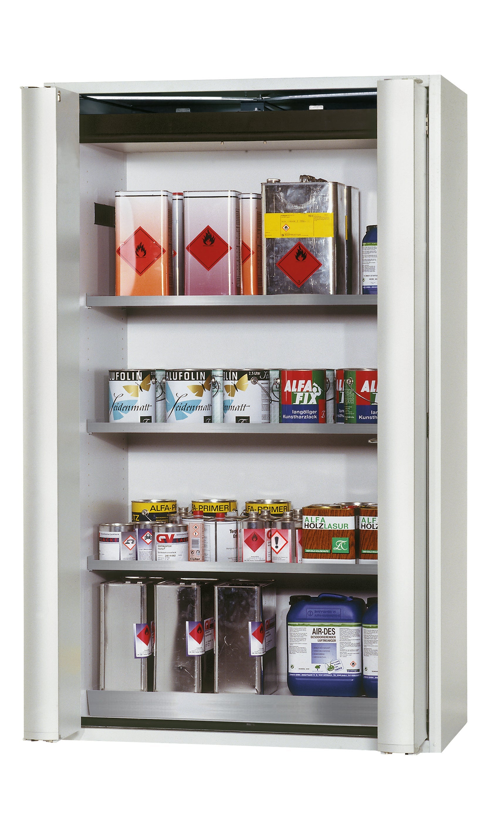 Type 90 safety storage cabinet S-PHOENIX Vol.2-90 model S90.196.120.FDAC in light grey RAL 7035 with 3x shelf standard (stainless steel 1.4301),