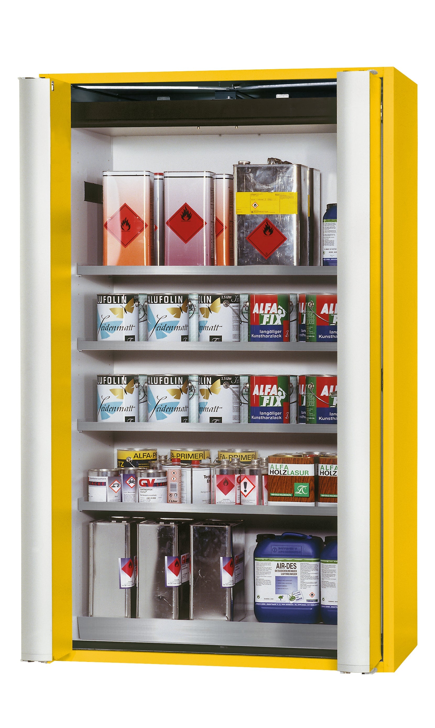 Typ 90 Sicherheitsschrank S-PHOENIX Vol.2-90 Modell S90.196.120.FDAC in sicherheitsgelb RAL 1004 mit 4x Fachboden Standard (Edelstahl 1.4301)