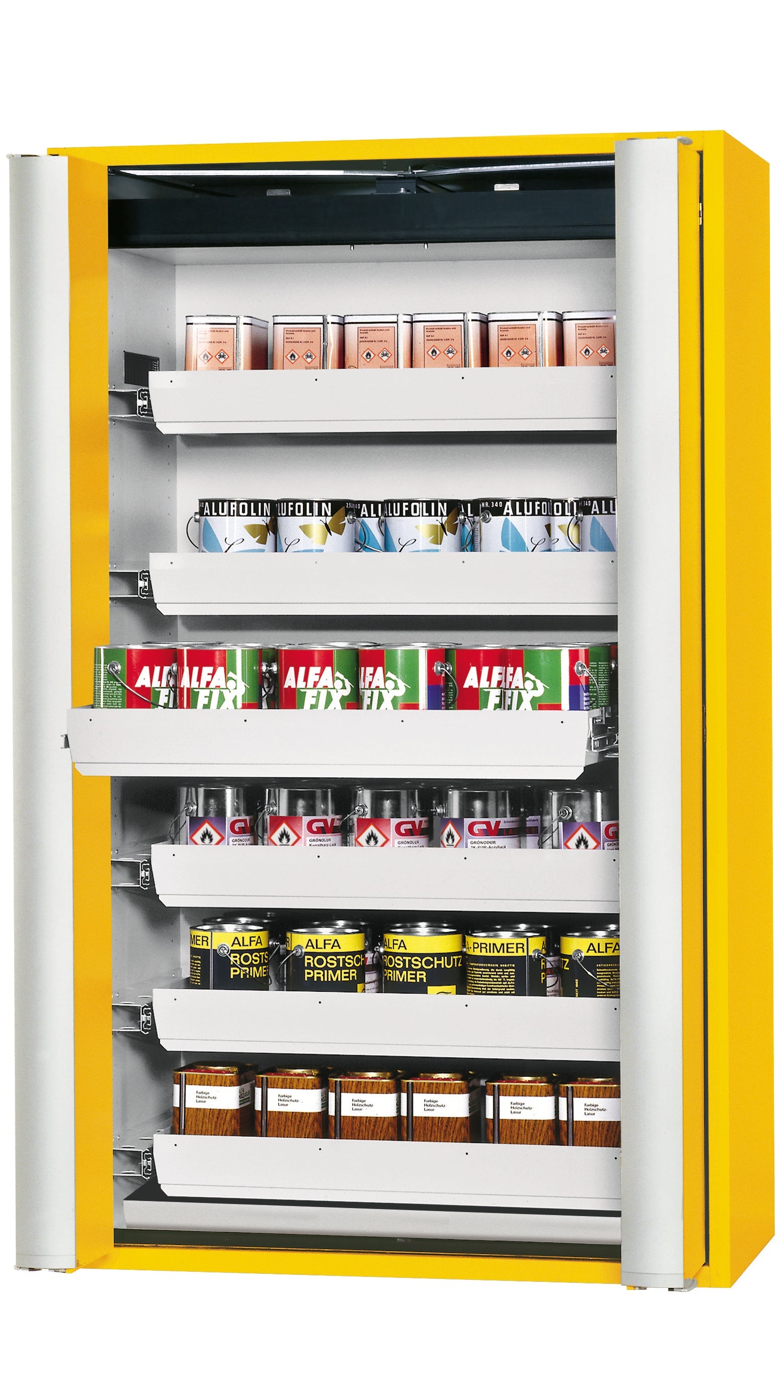 Armoire de sécurité type 90 S-PHOENIX Vol.2-90 modèle S90.196.120.FDAC en jaune de sécurité RAL 1004 avec 6x plateau coulissant standard (tôle d'acier)