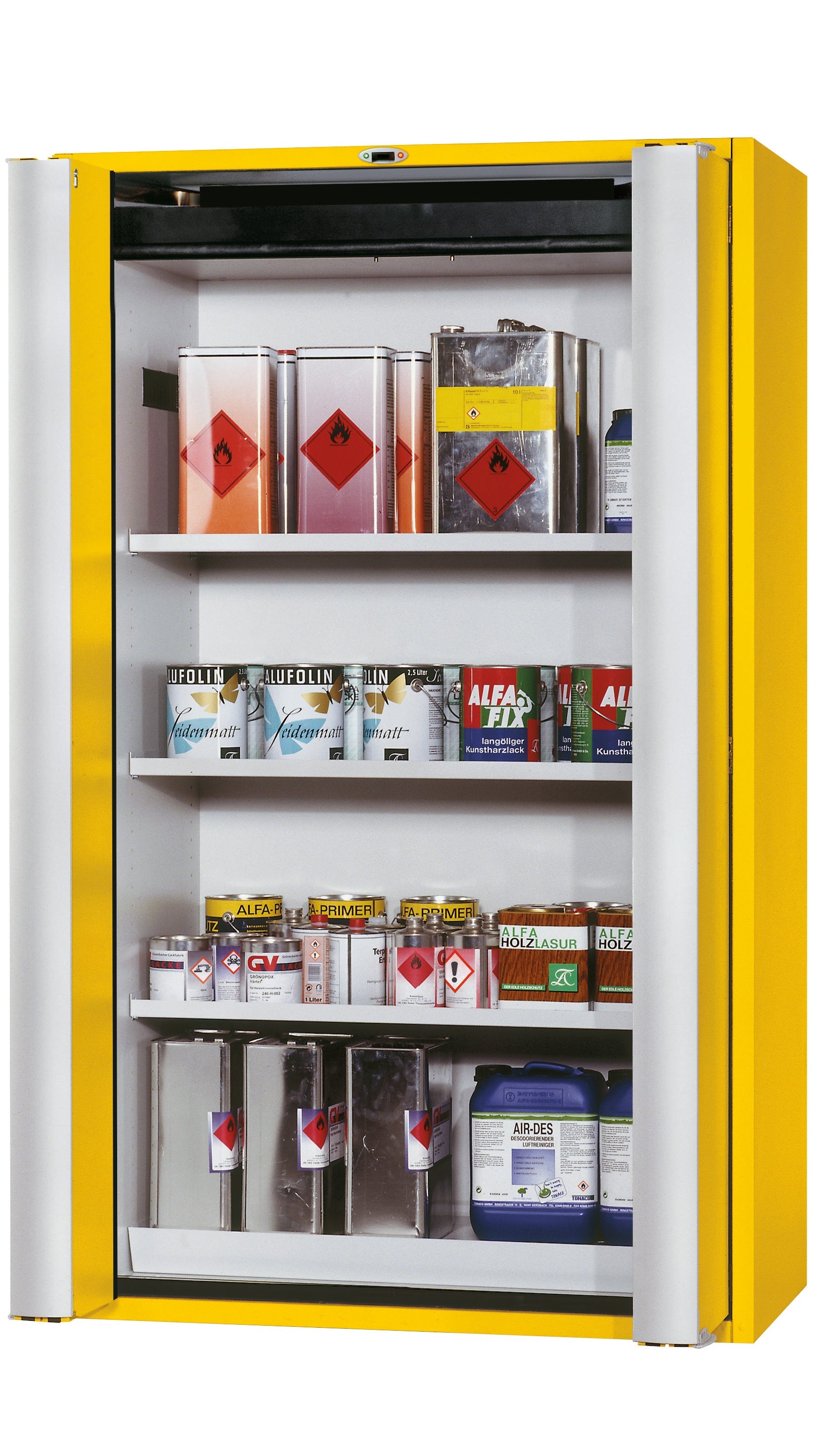 Type 90 safety cabinet S-PHOENIX touchless-90 model S90.196.120.FDAO in safety yellow RAL 1004 with 3x standard shelves (sheet steel)