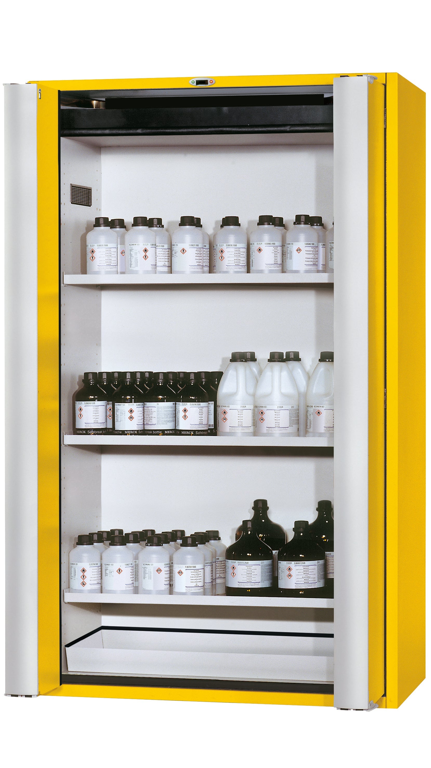 Type 90 safety cabinet S-PHOENIX touchless-90 model S90.196.120.FDAO in safety yellow RAL 1004 with 3x standard shelves (sheet steel)