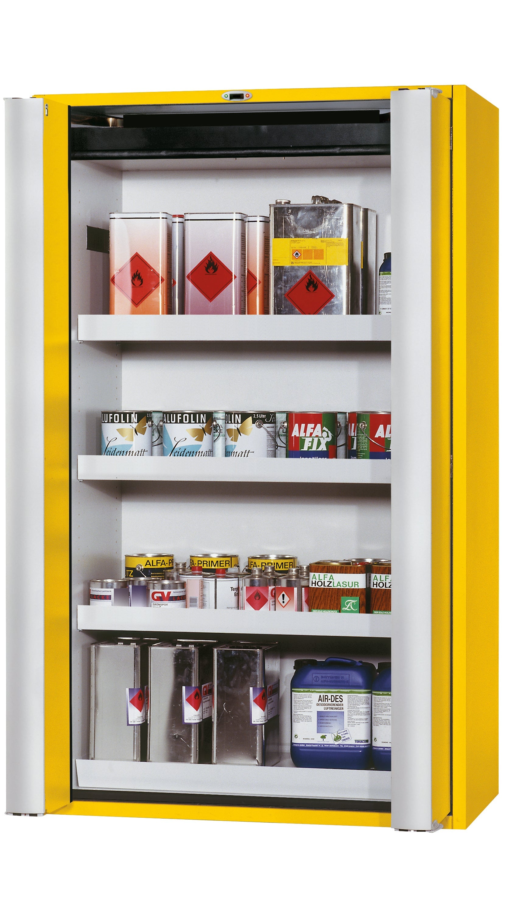 Type 90 safety cabinet S-PHOENIX touchless-90 model S90.196.120.FDAO in safety yellow RAL 1004 with 3x standard tray base (sheet steel)