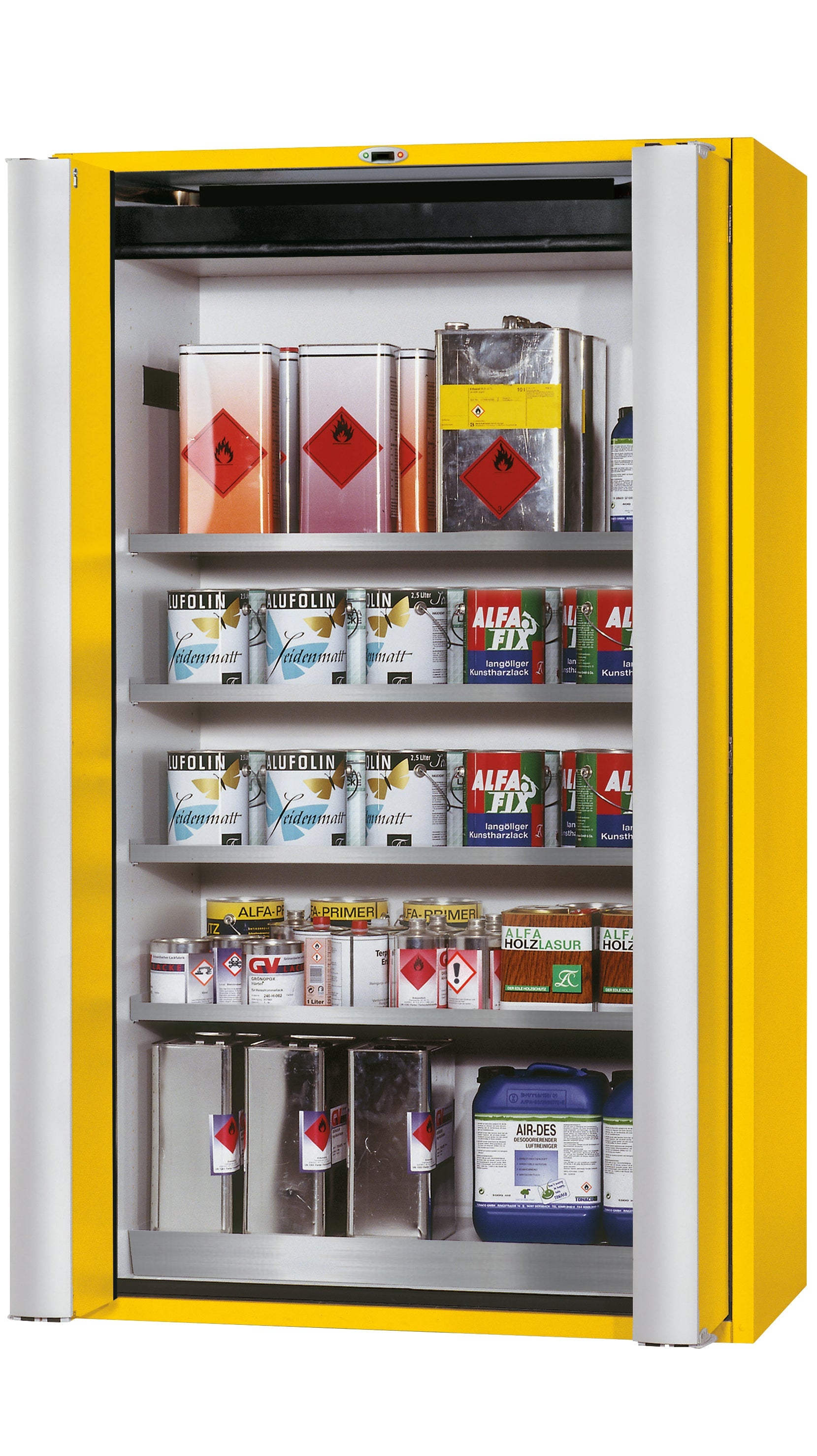 Type 90 safety cabinet S-PHOENIX touchless-90 model S90.196.120.FDAO in safety yellow RAL 1004 with 4x standard shelves (stainless steel 1.4301)