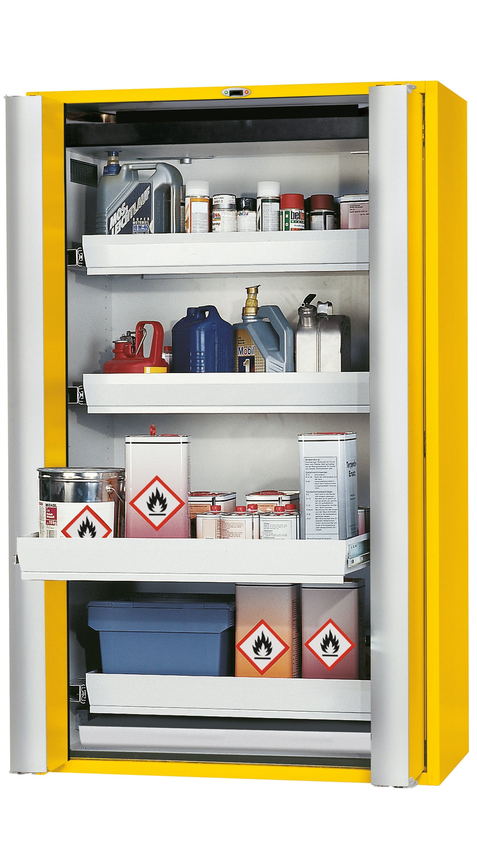 Type 90 safety cabinet S-PHOENIX touchless-90 model S90.196.120.FDAO in safety yellow RAL 1004 with 4x standard pull-out tray (sheet steel)
