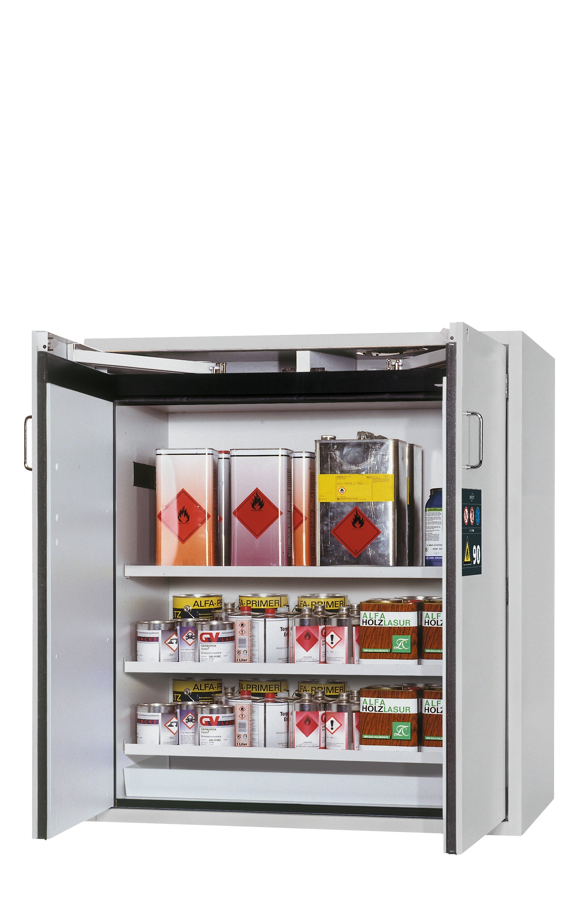 Typ 90 Sicherheitsschrank S-CLASSIC-90 Modell S90.129.120 in lichtgrau RAL 7035 mit 3x Fachboden Standard (Stahlblech)