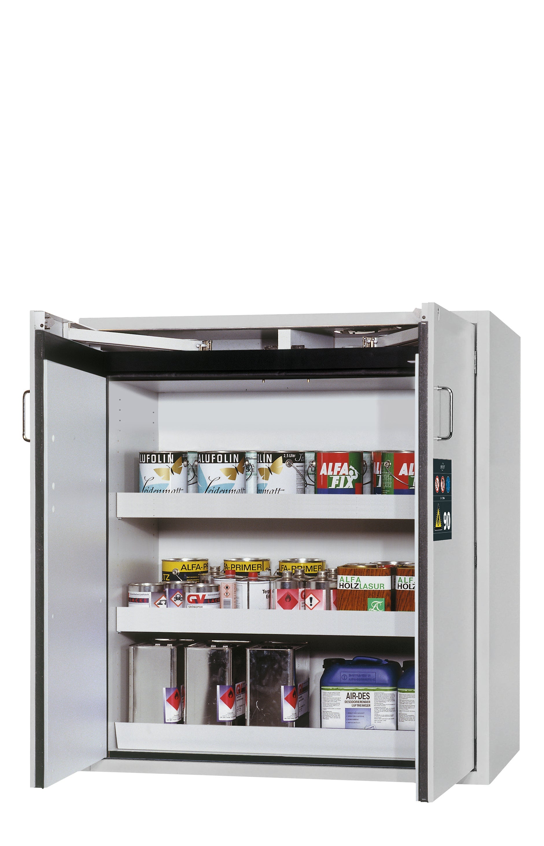 Typ 90 Sicherheitsschrank S-CLASSIC-90 Modell S90.129.120 in lichtgrau RAL 7035 mit 2x Wannenboden Standard (Stahlblech)
