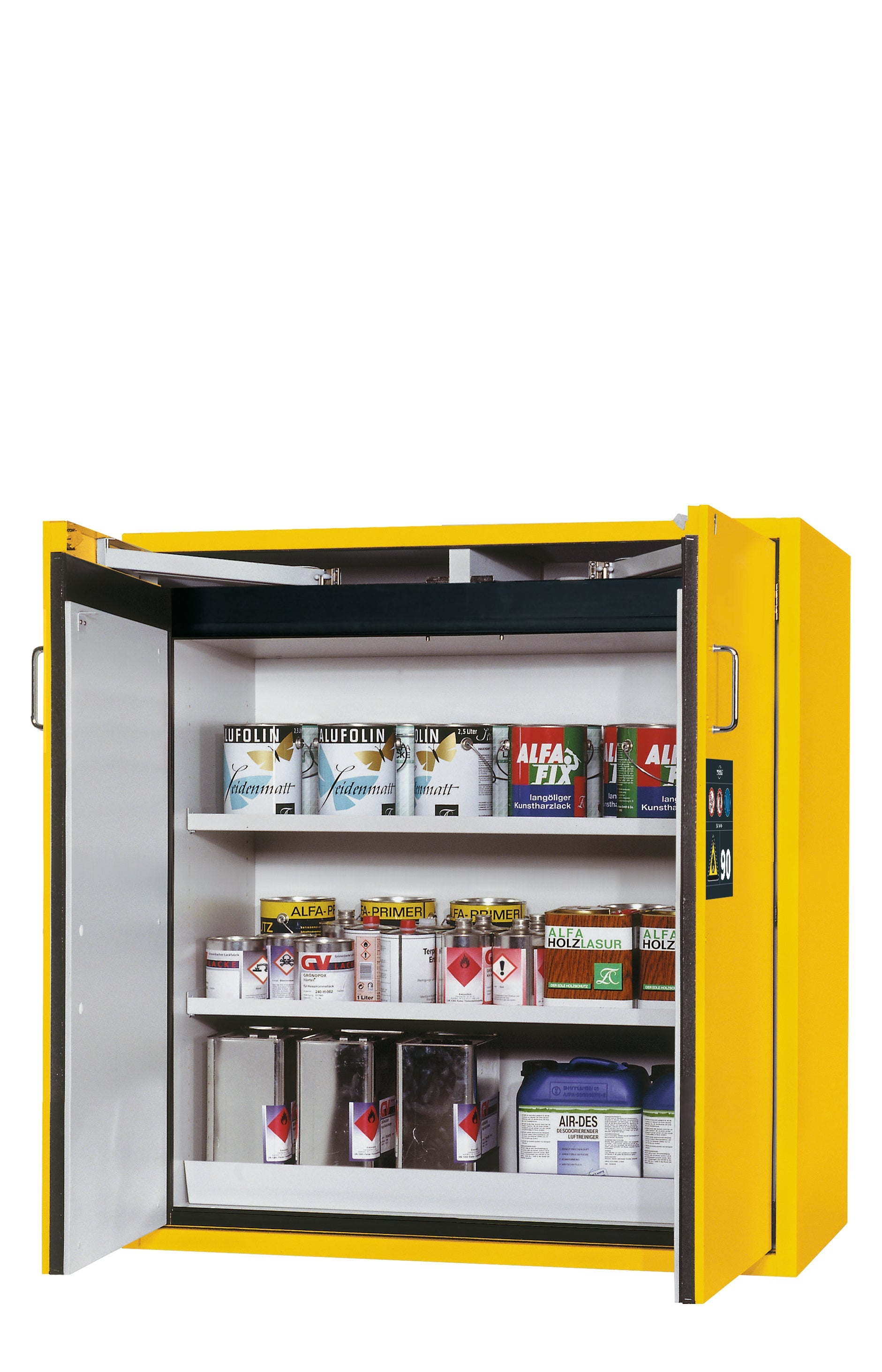 Typ 90 Sicherheitsschrank S-CLASSIC-90 Modell S90.129.120 in sicherheitsgelb RAL 1004 mit 2x Fachboden Standard (Stahlblech)