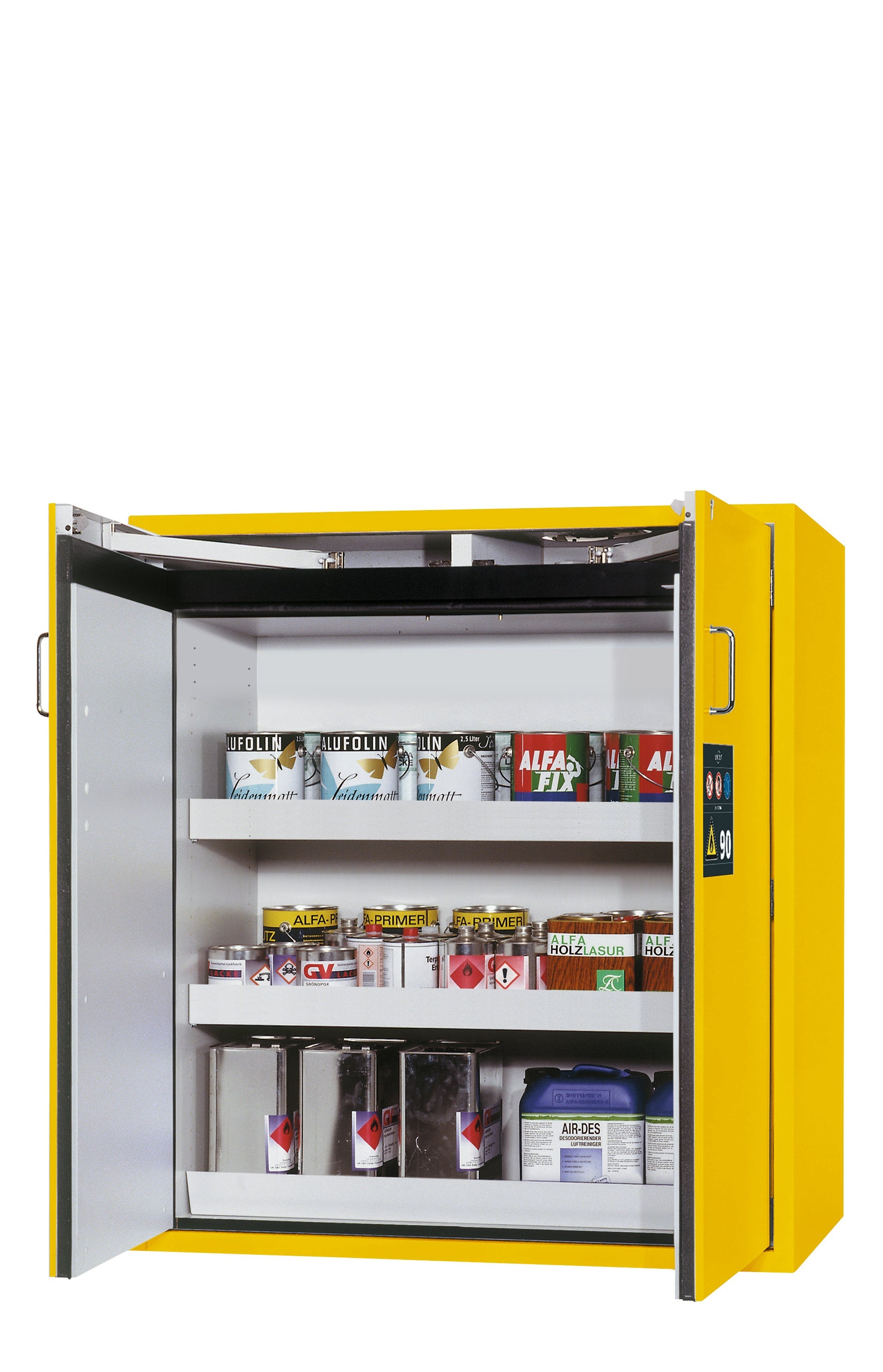 Typ 90 Sicherheitsschrank S-CLASSIC-90 Modell S90.129.120 in sicherheitsgelb RAL 1004 mit 2x Wannenboden Standard (Stahlblech)