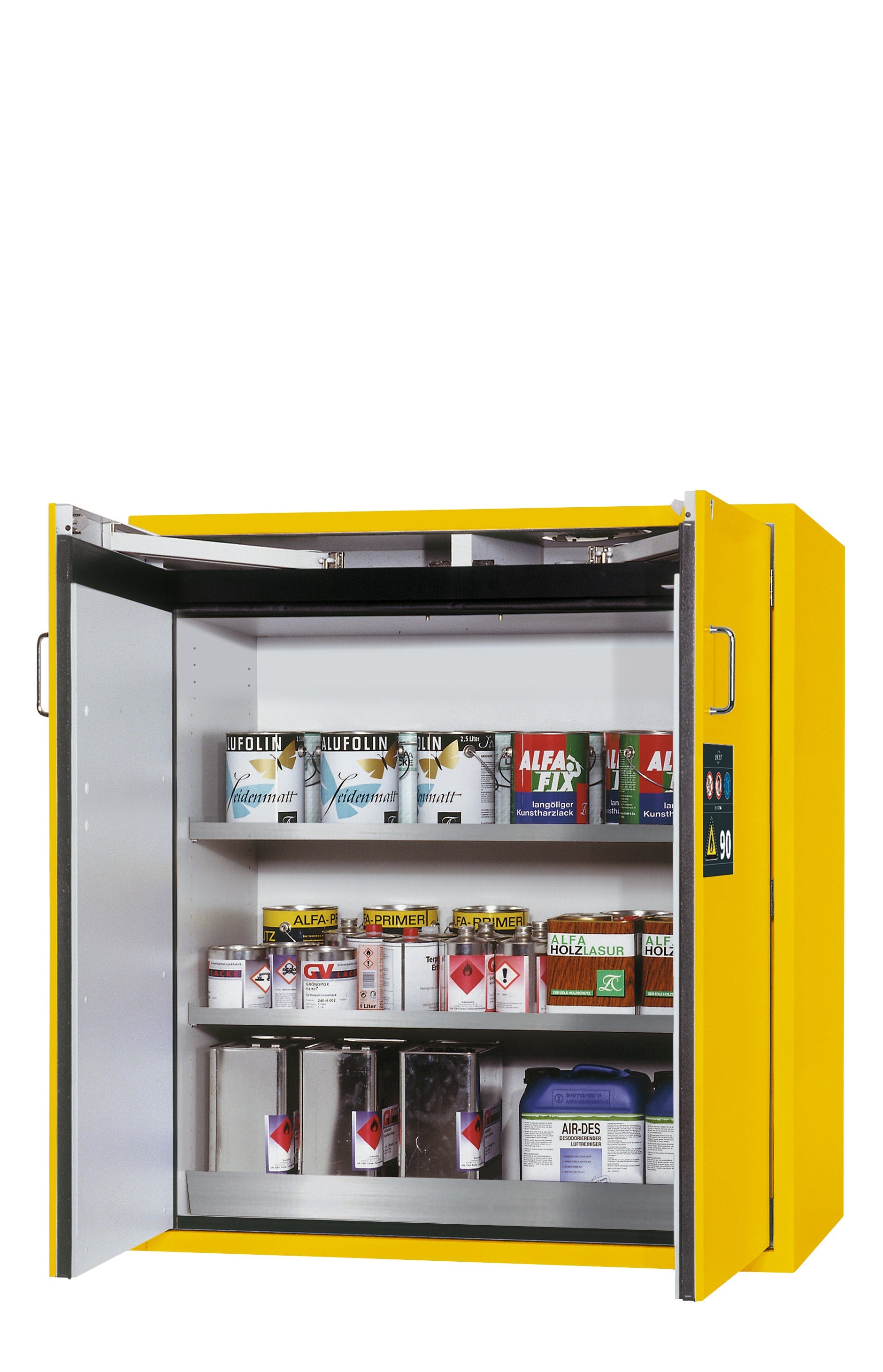 Typ 90 Sicherheitsschrank S-CLASSIC-90 Modell S90.129.120 in sicherheitsgelb RAL 1004 mit 2x Fachboden Standard (Edelstahl 1.4301)