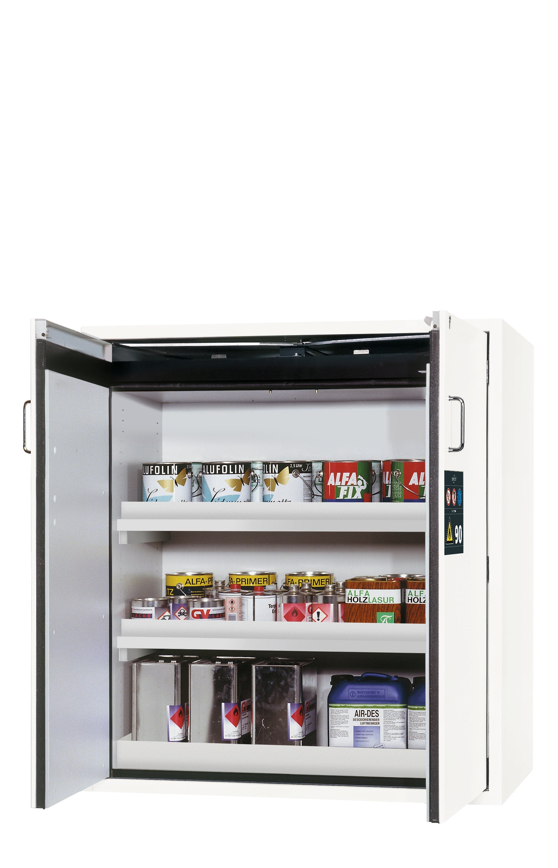 Armoire de sécurité type 90 S-CLASSIC-90 modèle S90.129.120.WDAS en blanc de laboratoire (similaire à RAL 9016) avec 2x pieds de plateau standard (polypropylène)