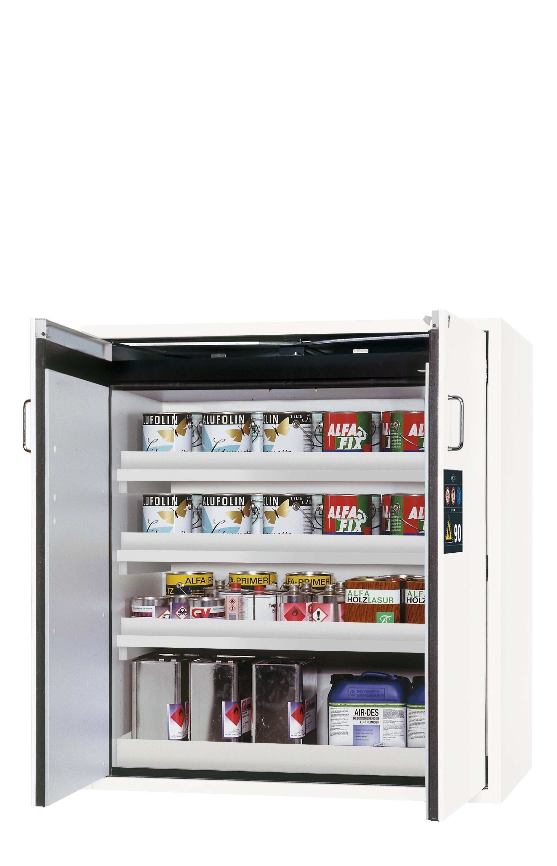 Armoire de sécurité type 90 S-CLASSIC-90 modèle S90.129.120.WDAS en blanc de laboratoire (similaire à RAL 9016) avec 3x pieds de plateau standard (polypropylène)