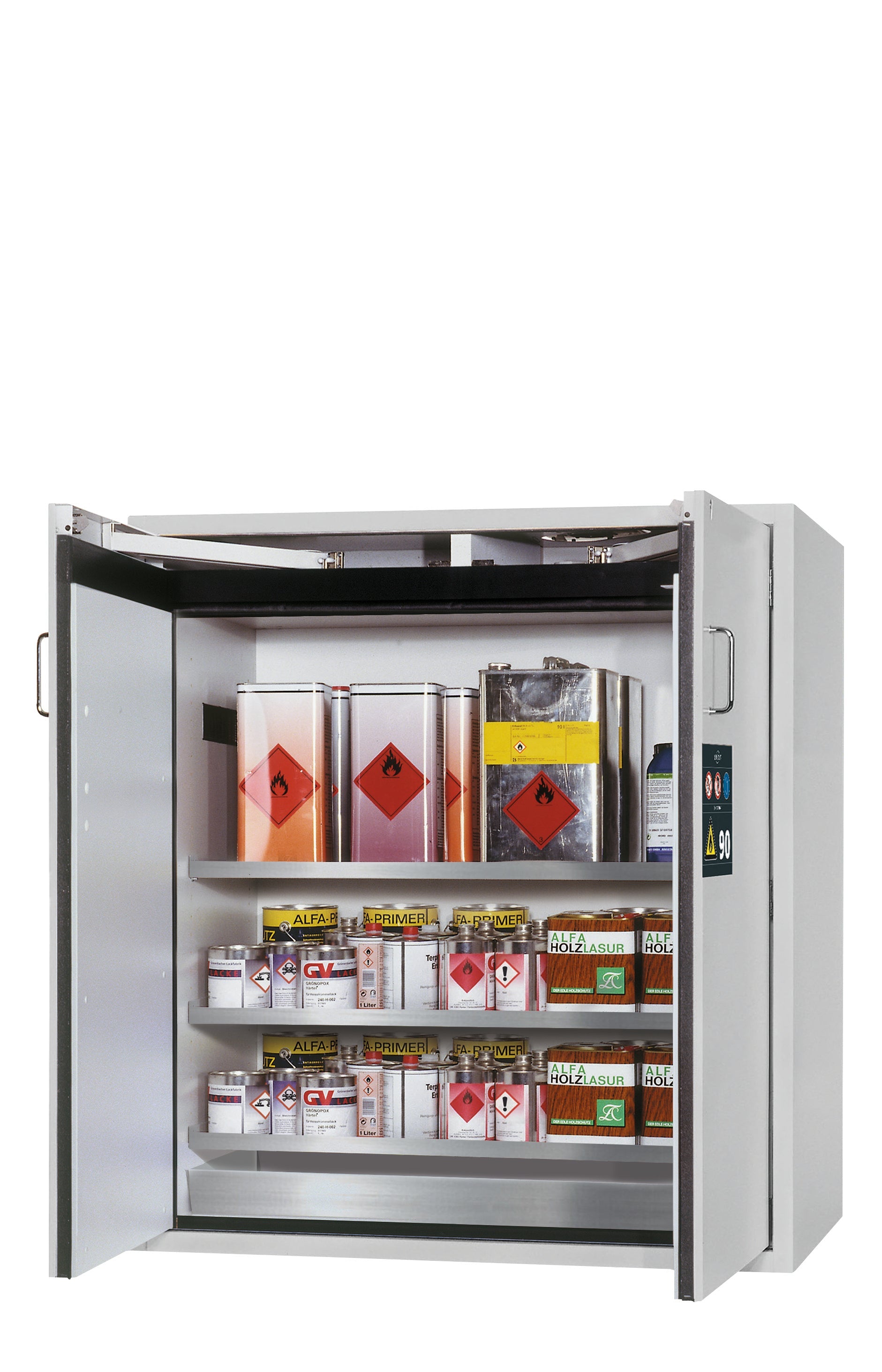 Armoire de sécurité type 90 S-CLASSIC-90 modèle S90.129.120.WDAS en gris clair RAL 7035 avec 3x étagères standard (acier inoxydable 1.4301)