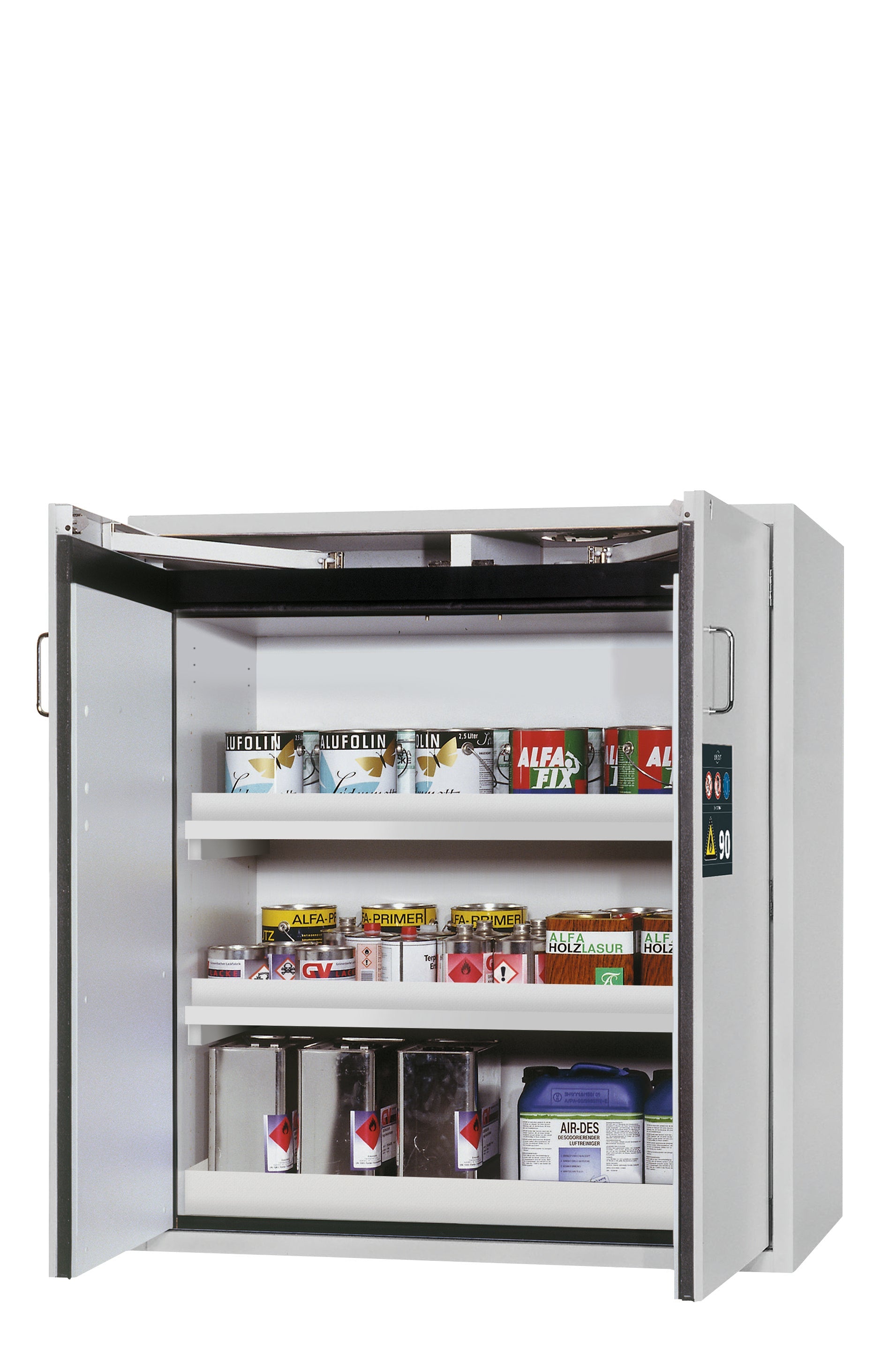 Armoire de sécurité type 90 S-CLASSIC-90 modèle S90.129.120.WDAS en gris clair RAL 7035 avec 2x pieds de plateau standard (polypropylène)
