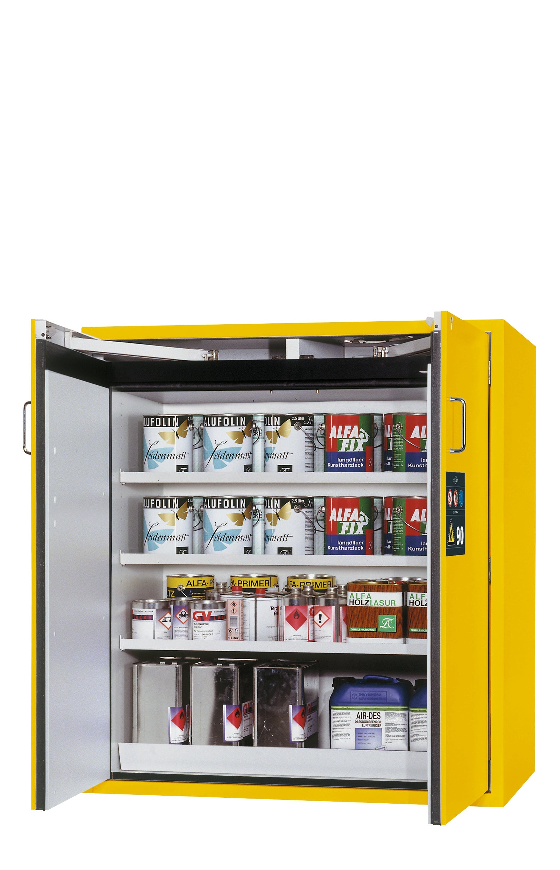 Armoire de sécurité type 90 S-CLASSIC-90 modèle S90.129.120.WDAS en jaune de sécurité RAL 1004 avec 3 étagères standard (tôle d'acier)