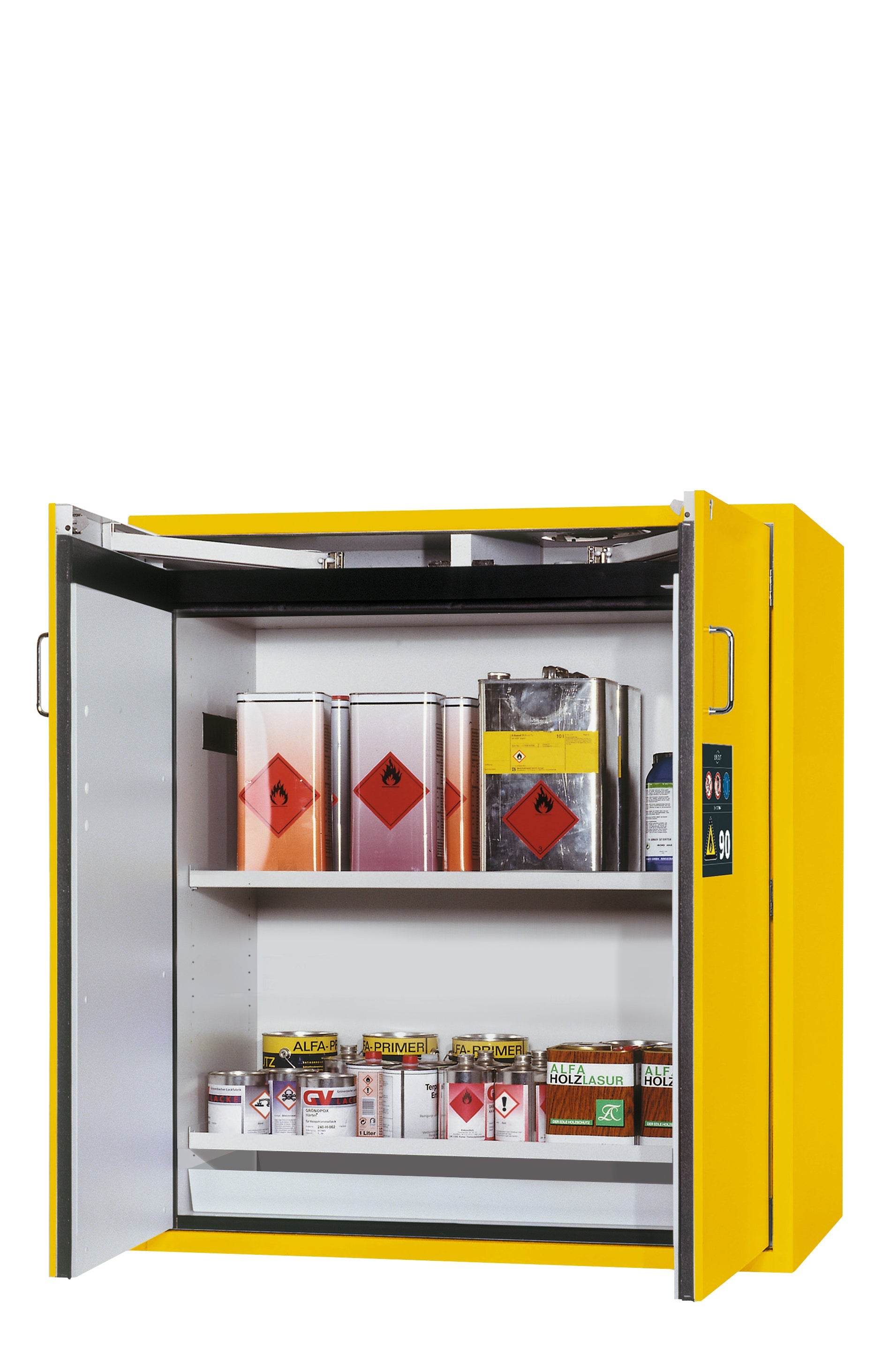 Armoire de sécurité type 90 S-CLASSIC-90 modèle S90.129.120.WDAS en jaune de sécurité RAL 1004 avec 2x étagères standard (tôle d'acier)