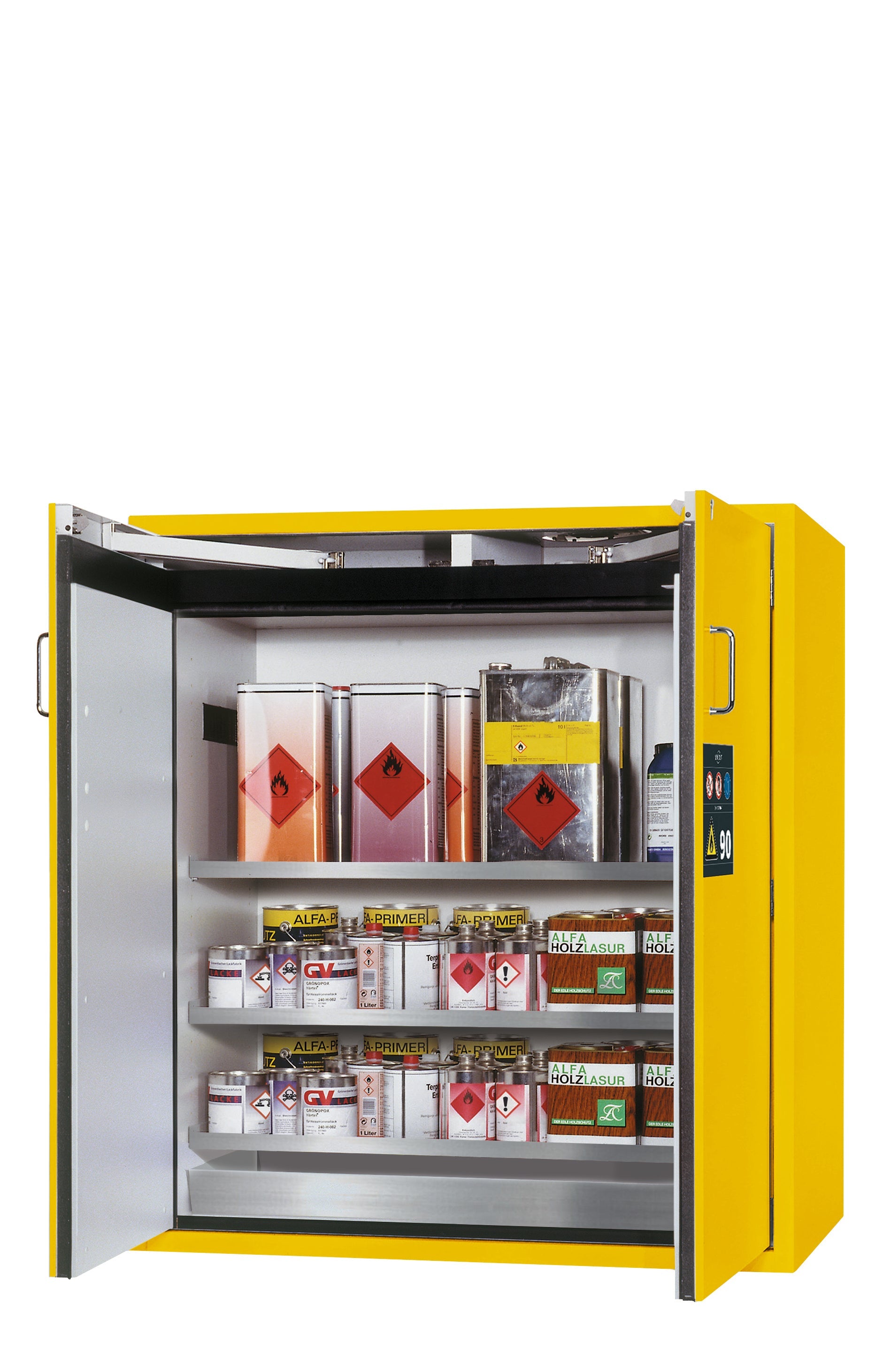 Armoire de sécurité type 90 S-CLASSIC-90 modèle S90.129.120.WDAS en jaune de sécurité RAL 1004 avec 3 étagères standard (acier inoxydable 1.4301)