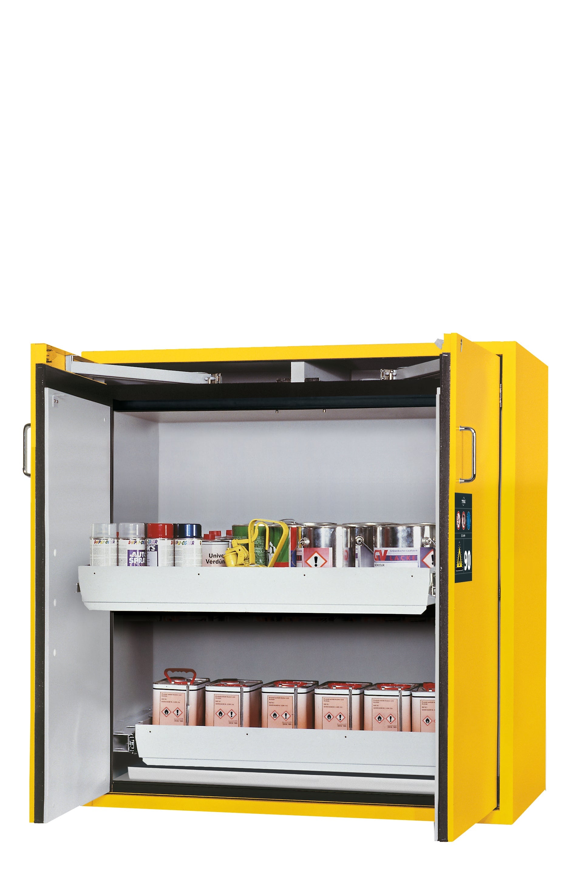 Armoire de sécurité type 90 S-CLASSIC-90 modèle S90.129.120.WDAS en jaune de sécurité RAL 1004 avec 2x plateaux coulissants standard (tôle d'acier)